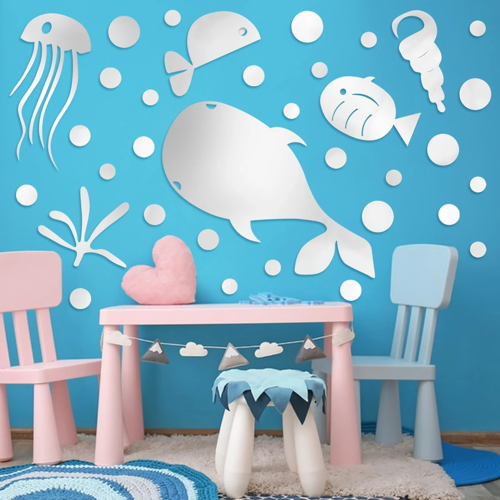 Наклейка на стіну 3D Акрилова Рибки та бульбашки Дзеркальна Срібляста, фото №1 Наклейка на стіну 3D Акрилова Рибки та бульбашки Дзеркальна Срібляста, фото №1