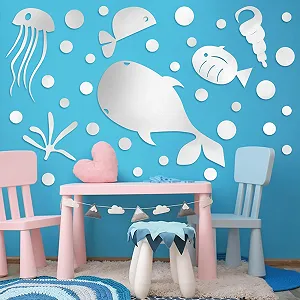 Наклейка на стіну 3D Акрилова Рибки та бульбашки Дзеркальна Срібляста - Фото 1