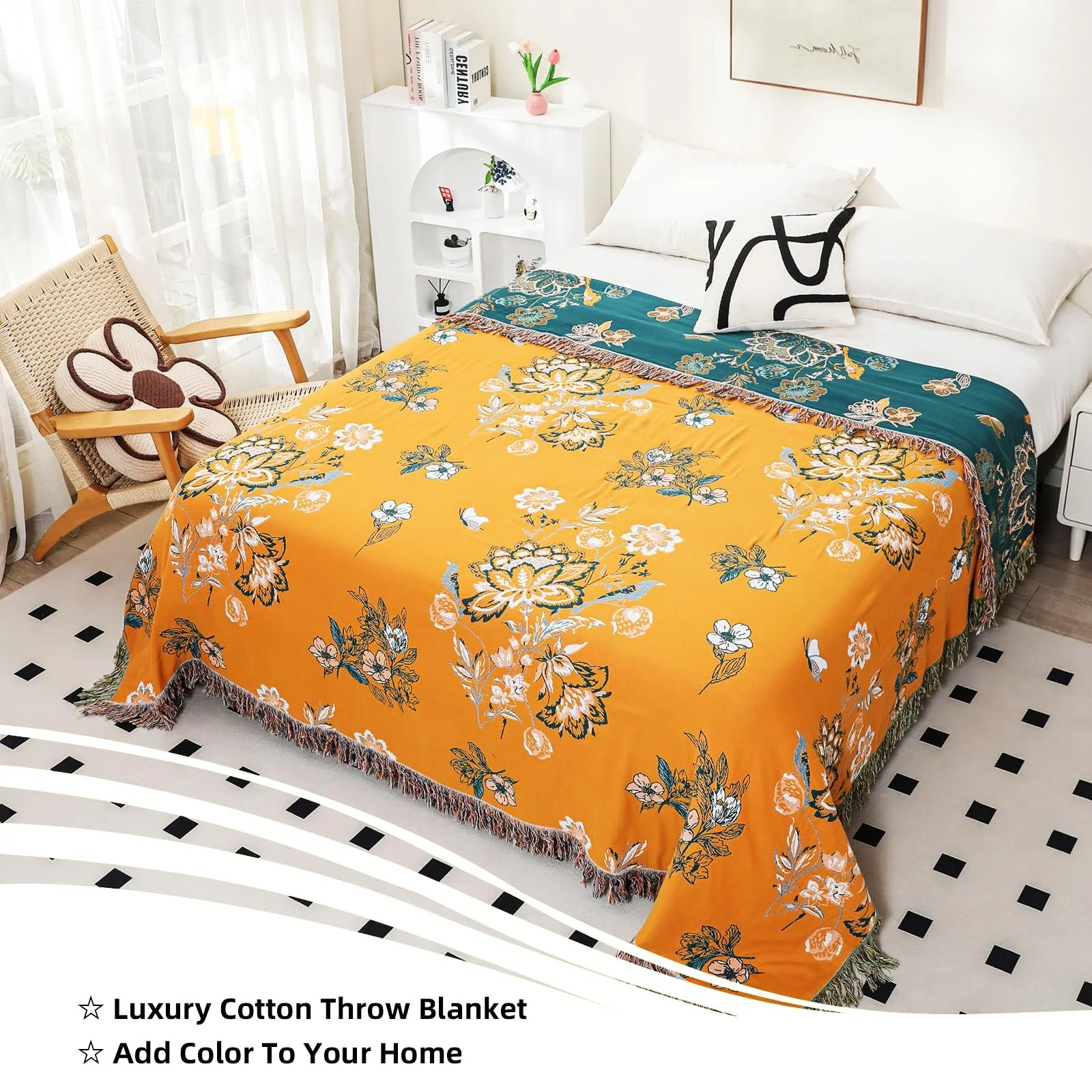 Покривало VANJOROY Богемний стиль Великий 100% органічна бавовна М'який Двосторонній 200x230см Жовтий, фото №3