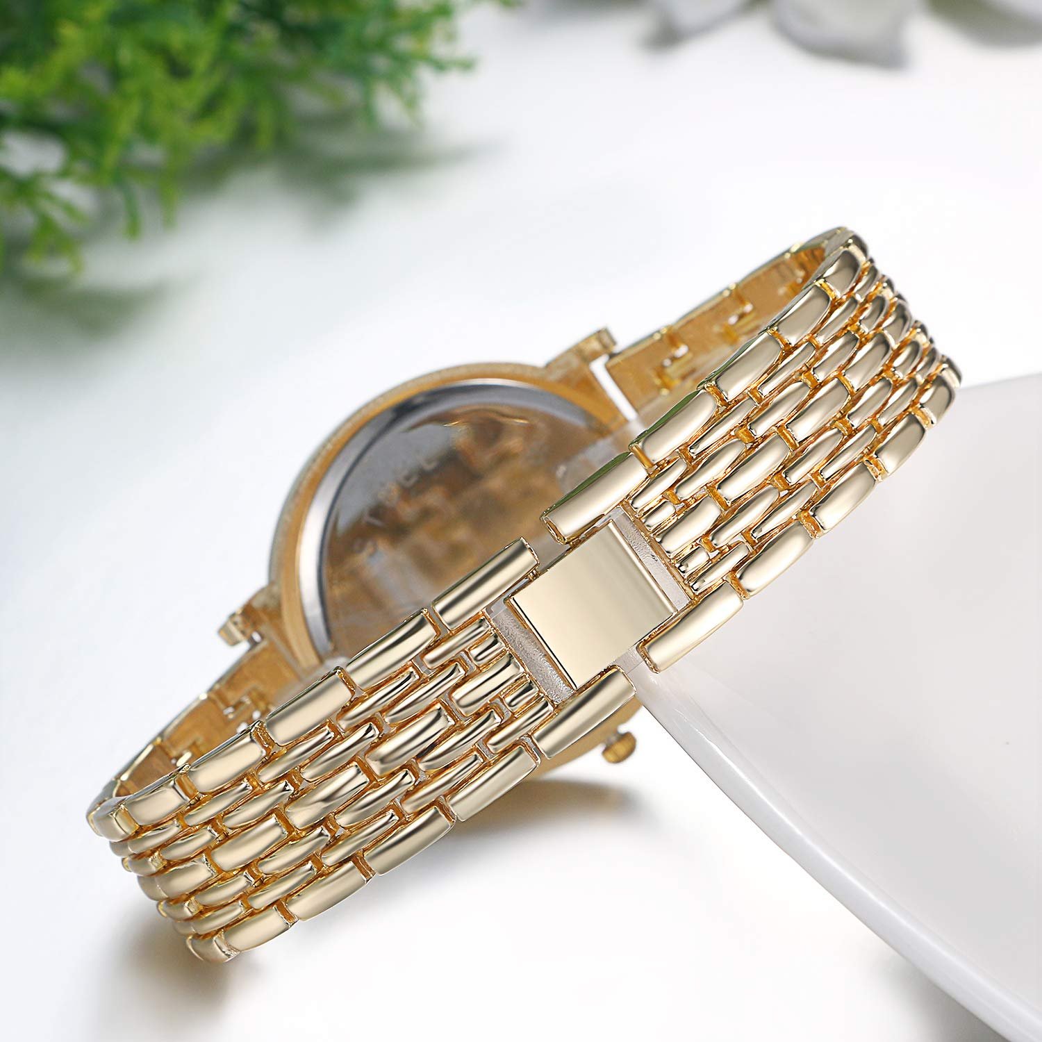 Женские часы JewelryWe Кварцевые аналоговые Золотые, Красный страз, Браслет, фото №5