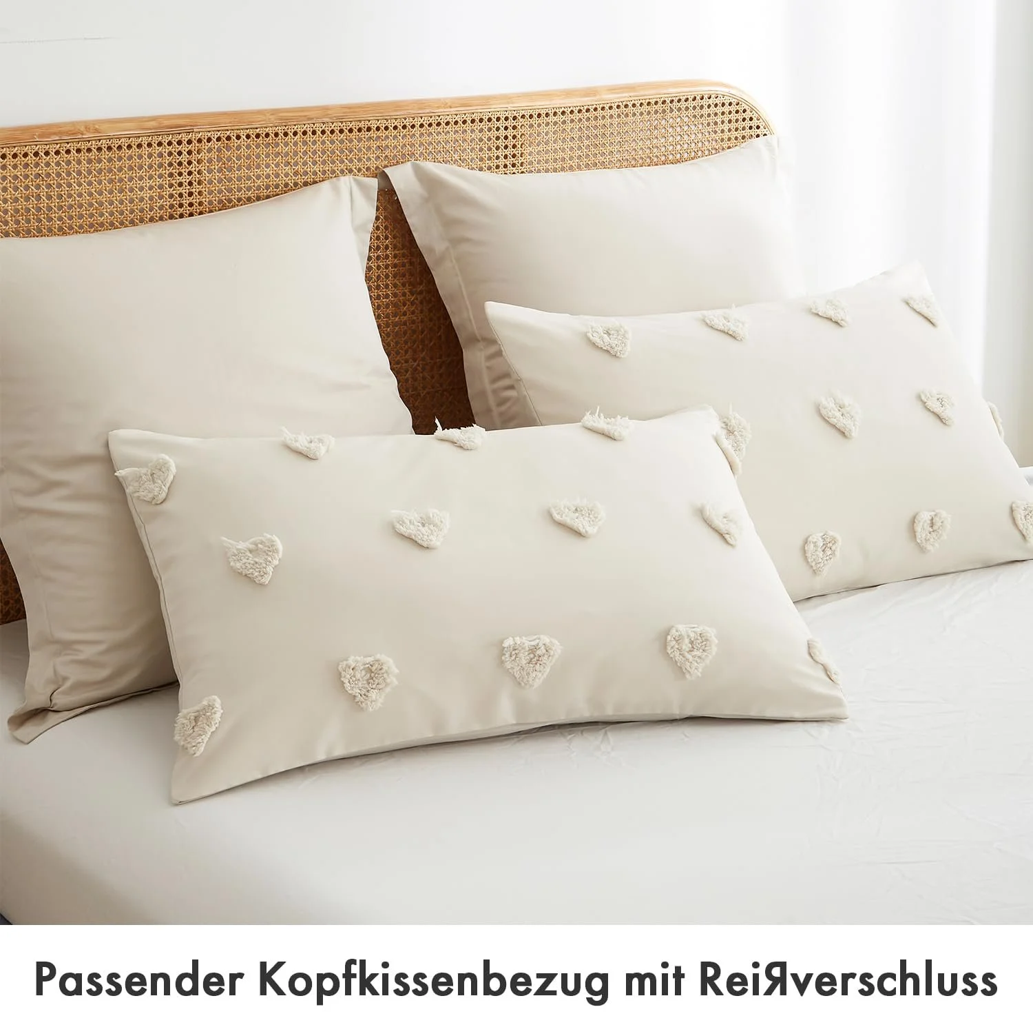 Комплект постільної білизни Freyamy Bohemian Tufted Heart 135 x 200 см + 80 x 80 см, 2 елементи, мікрофібра, на блискавці, бежевий, фото №6