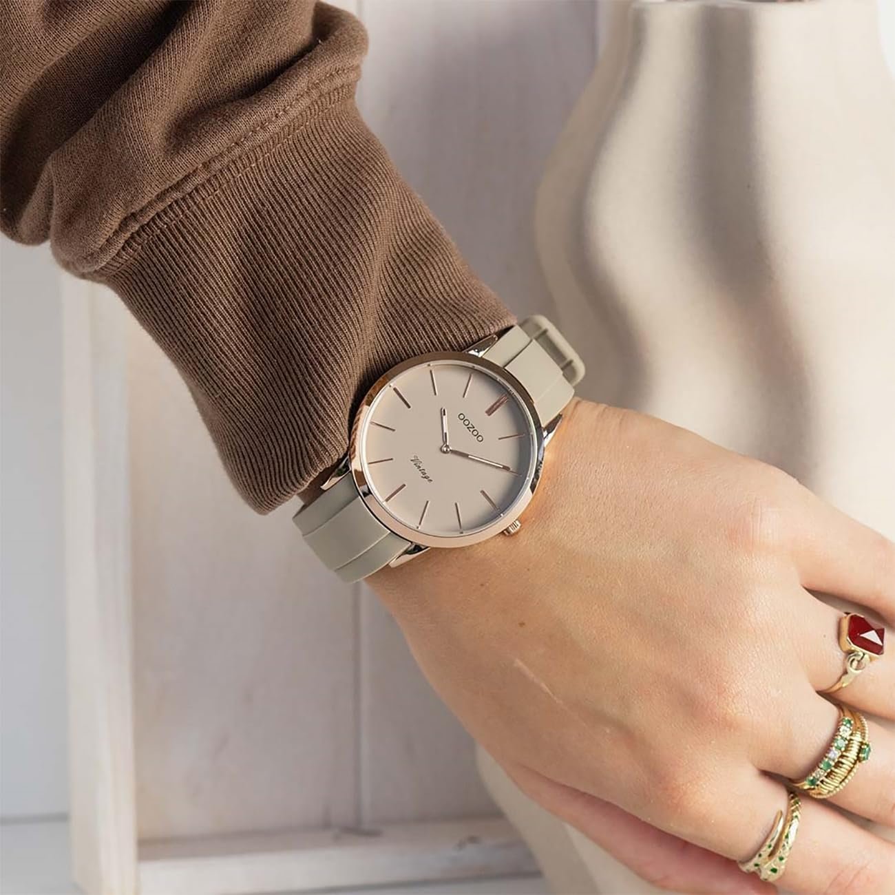 Женские часы Oozoo Vintage C20170, 42 мм, розовый/бежевый/бежевый, фото №5