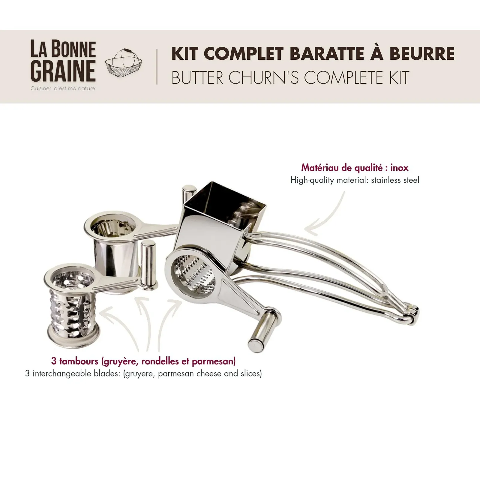 Млин для натирання La Bonne Graine Tellier з нержавіючої сталі з 3 барабанами, фото №2