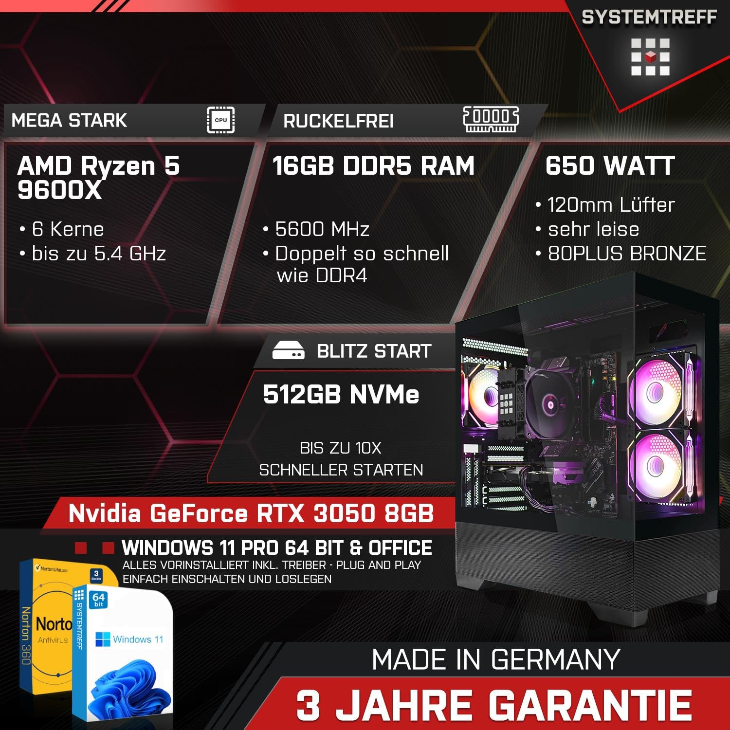Комплект Systemtreff Basic Gaming AMD Ryzen 5 9600X 6 x 5.4GHz Nvidia RTX 3050 8GB DX12 512GB M.2 NVMe 16GB DDR5 RAM WLAN ПК для геймерів, фото №2