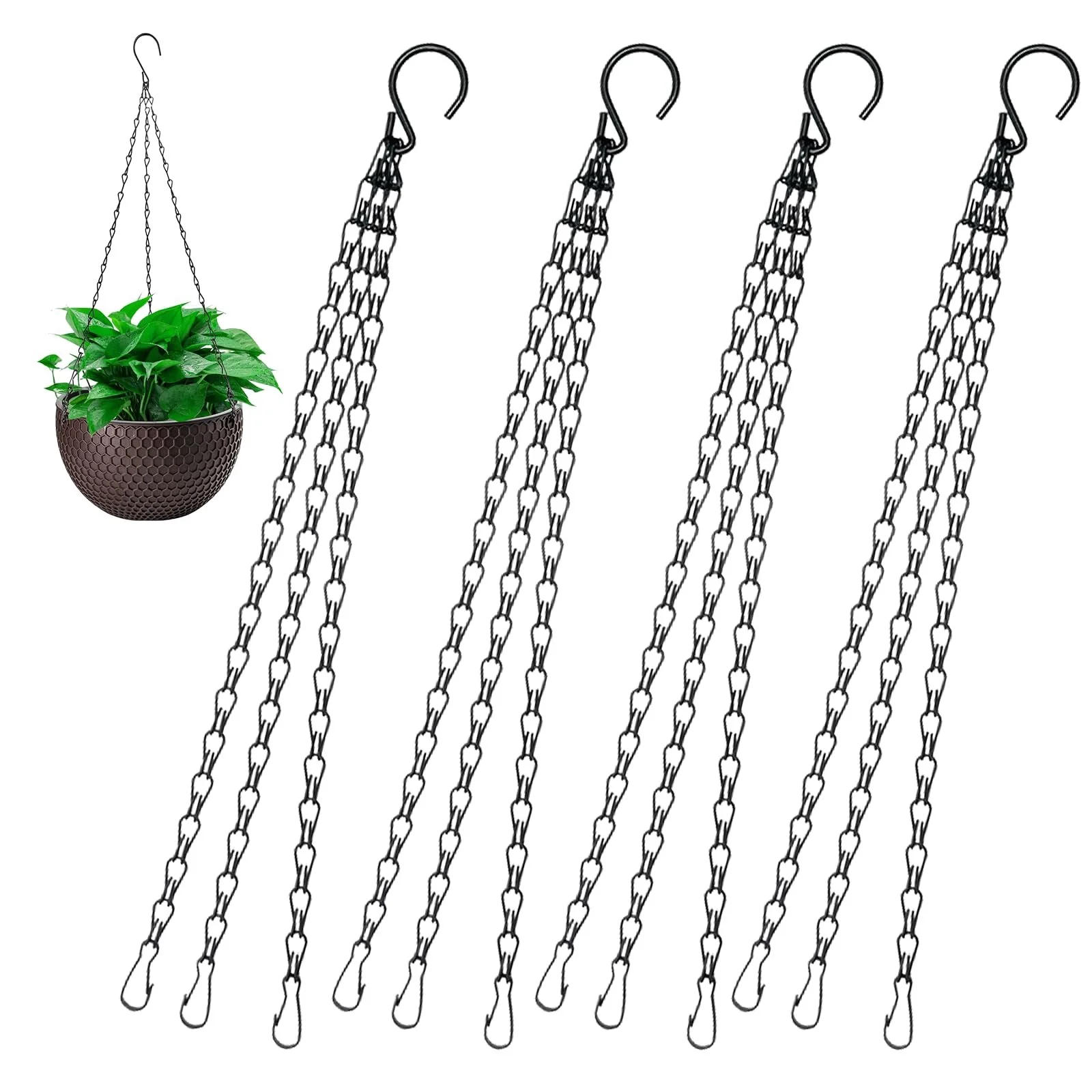 Набір ланцюгів для підвісних кошиків 4 шт. 40 см металеві з S-подібними гачками Чорний, фото №1 Набір ланцюгів для підвісних кошиків 4 шт. 40 см металеві з S-подібними гачками Чорний, фото №1