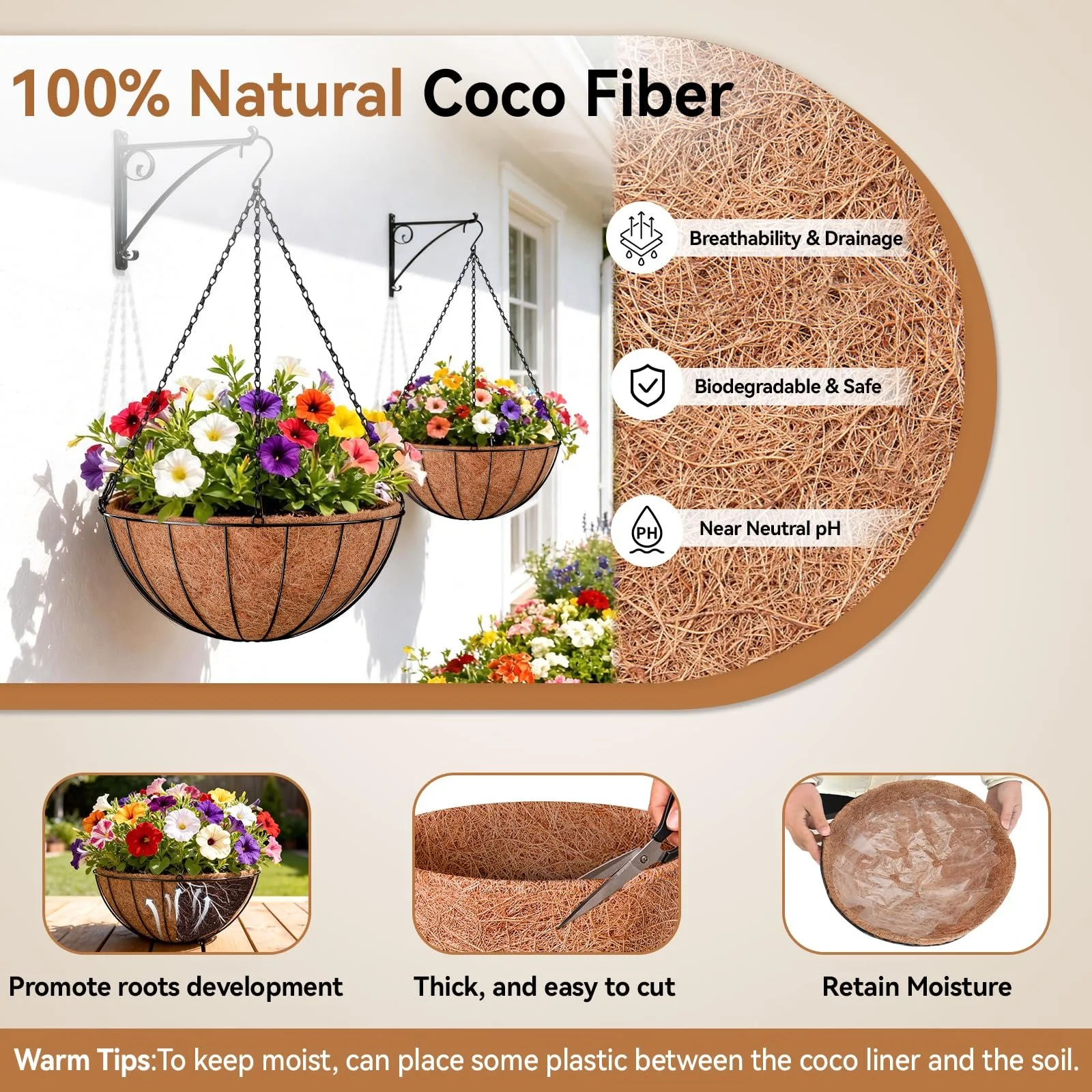 Вкладиші з кокосового волокна Halatool для підвісних кошиків, 3 шт., 35 см, круглі, фото №2 Вкладиші з кокосового волокна Halatool для підвісних кошиків, 3 шт., 35 см, круглі, фото №2