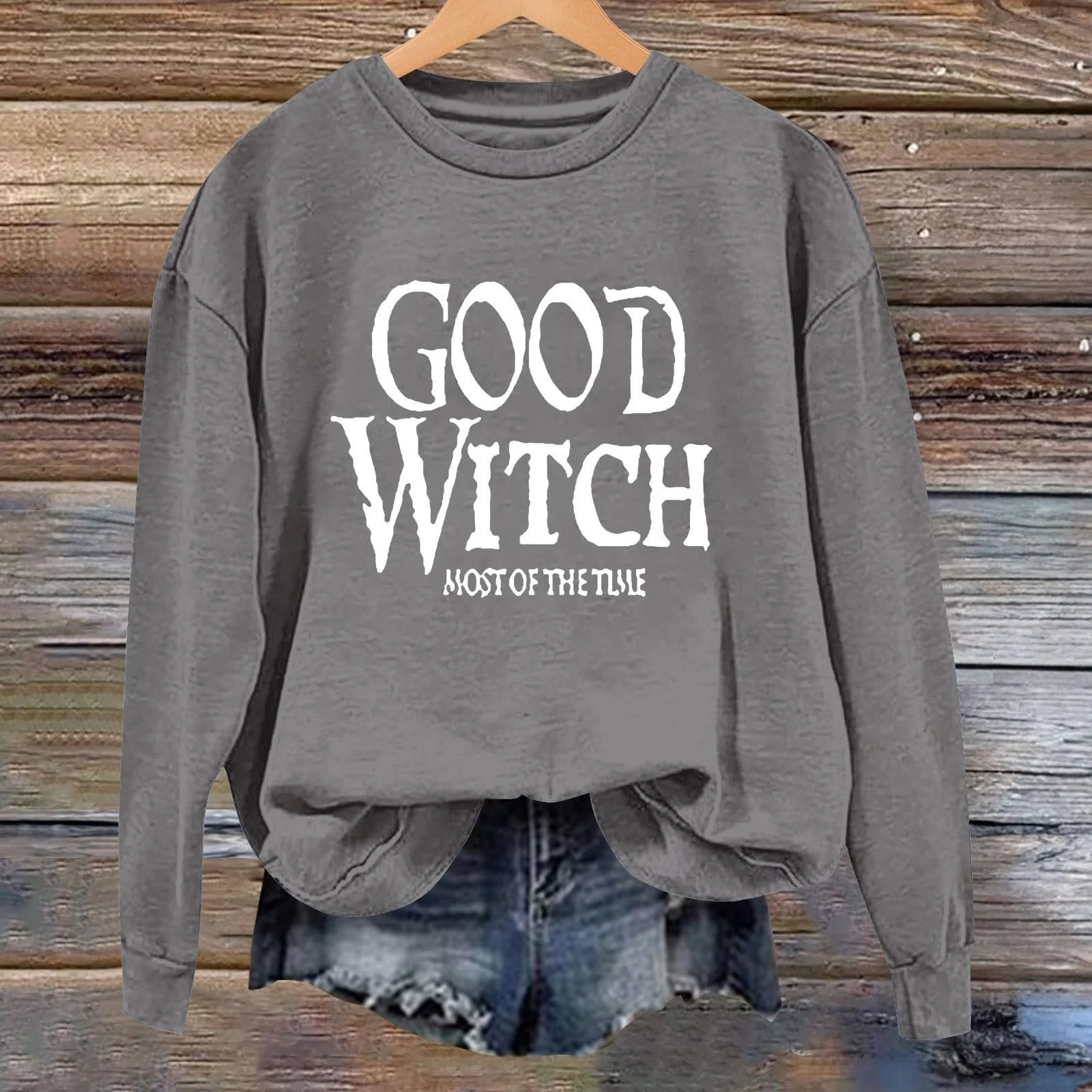 Хеллоуин Свитшот Мягкий С длинным рукавом Большого размера Добрая Ведьма в основном Хеллоуин Принт Круглый вырез Искусственно состаренный Свитшот, фото №3