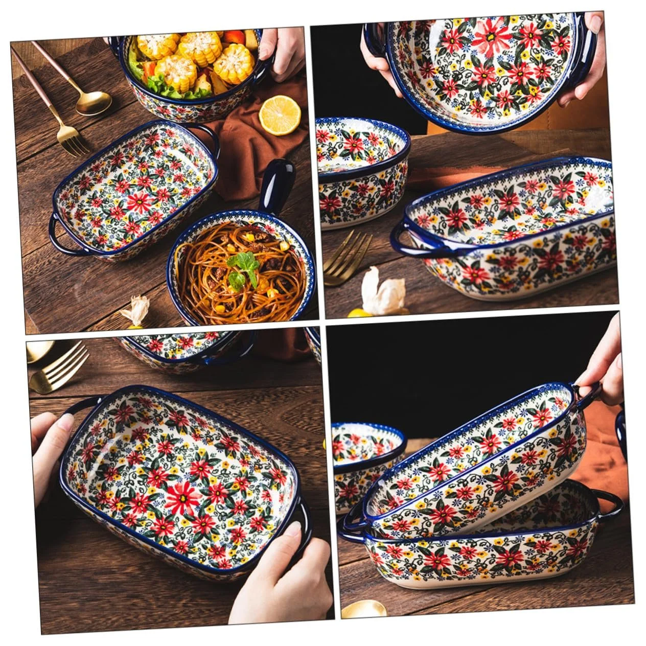 Форма для запекания Amosfun керамическая с цветочным узором, прямоугольная, нескользящая, с ручками, фото №4