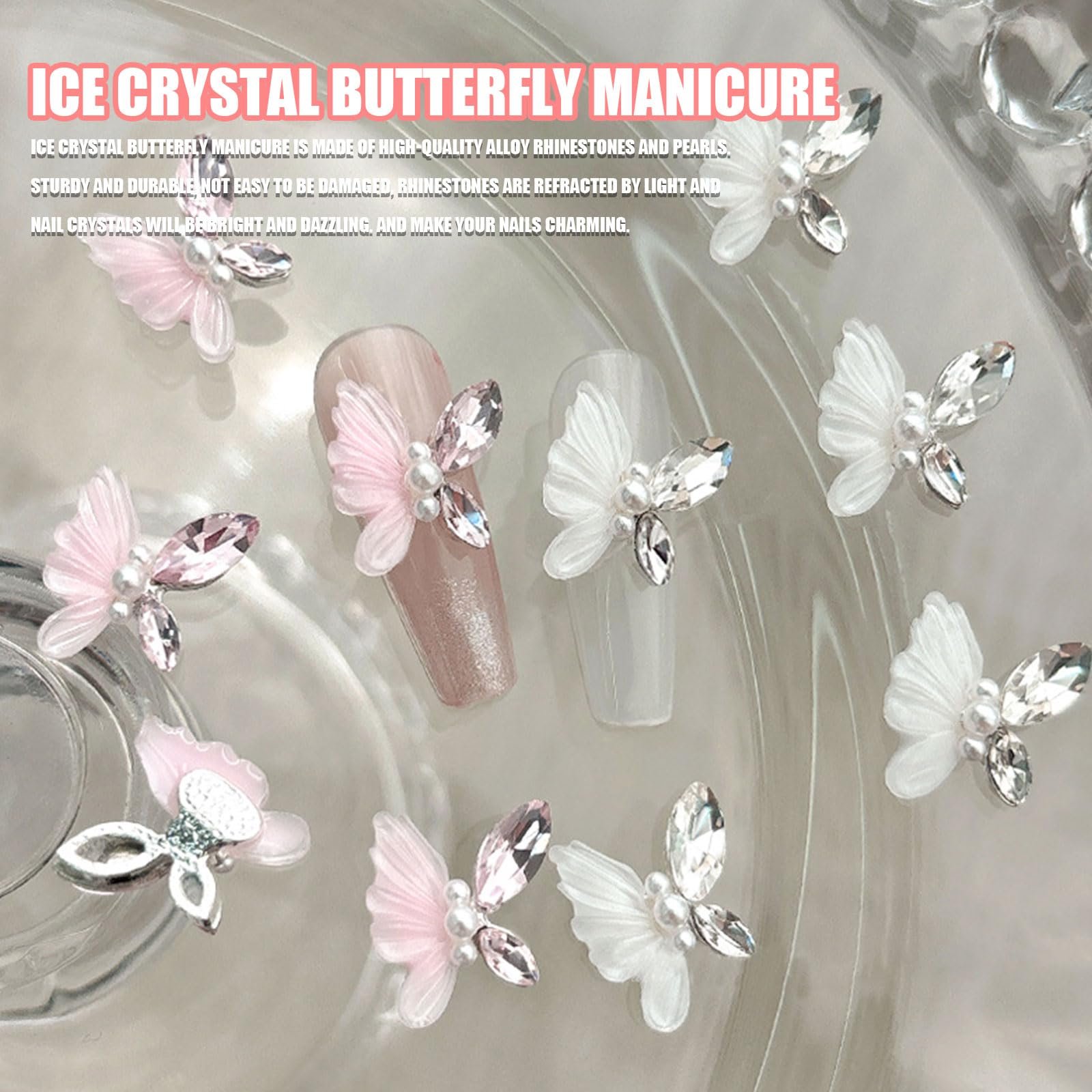 Стрази для нігтів Метелики, Набір Рожеві Білі Метелики, 3D, фото №2