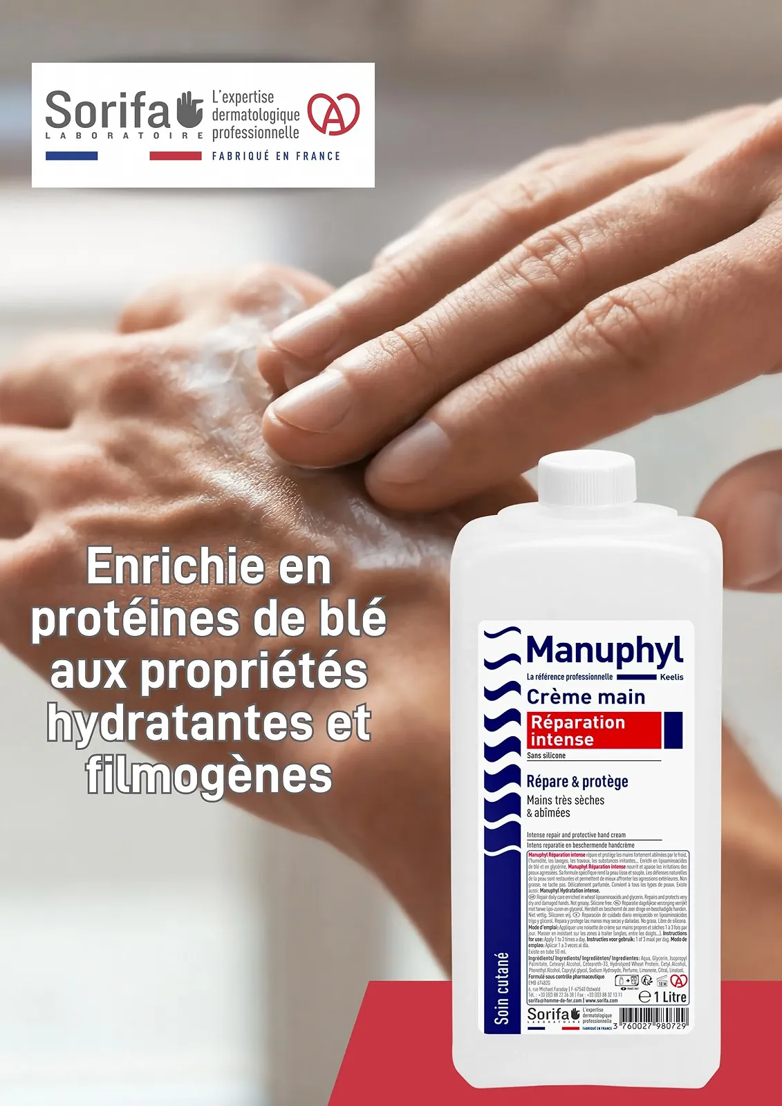 Крем Manuphyl Интенсивное восстановление для очень сухой и поврежденной кожи рук - с низким содержанием жира, с легким ароматом, обогащенный глицерином и протеинами пшеницы - бутылка 1 литр, фото №3 Крем Manuphyl Интенсивное восстановление для очень сухой и поврежденной кожи рук - с низким содержанием жира, с легким ароматом, обогащенный глицерином и протеинами пшеницы - бутылка 1 литр, фото №3