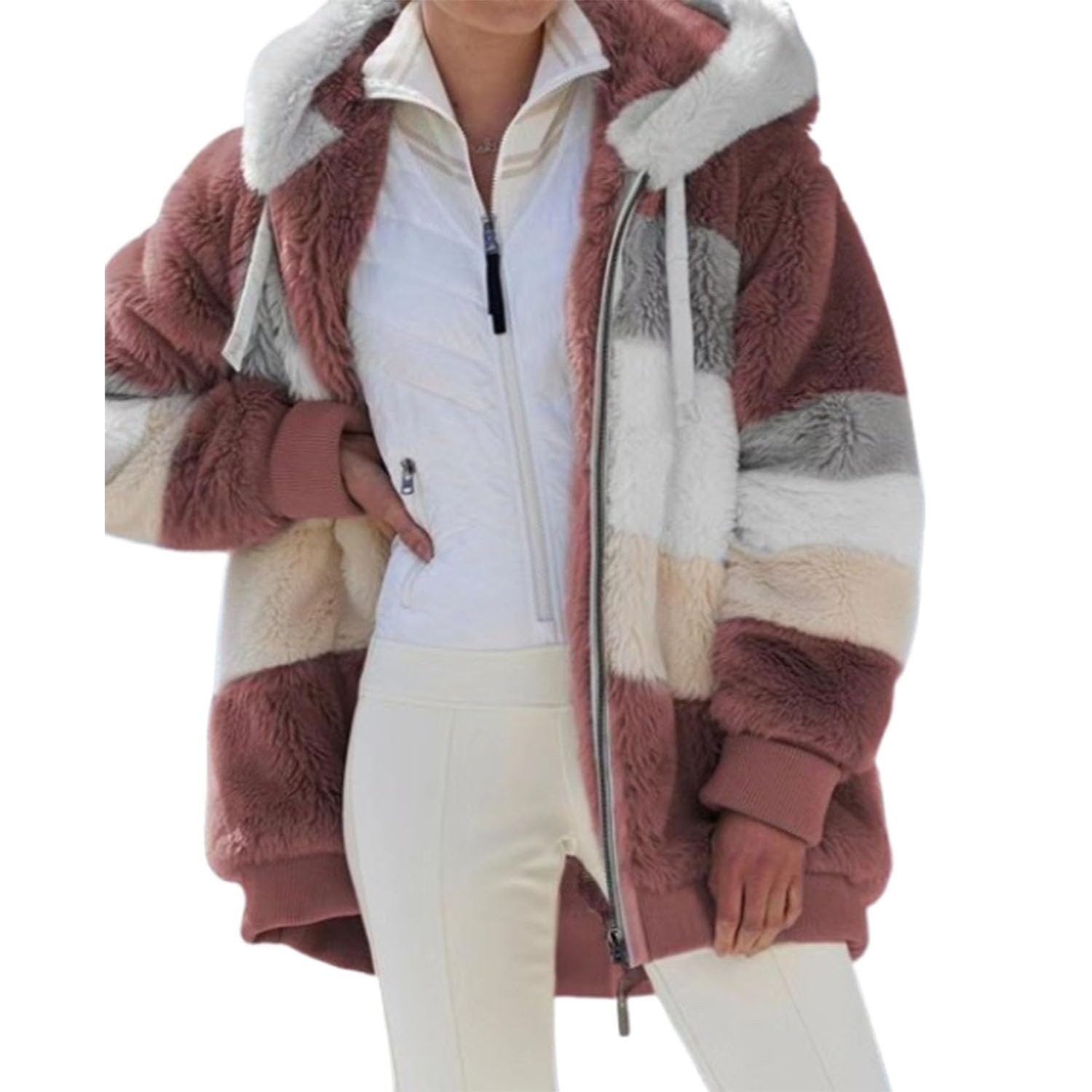 Пальто з контрастним візерунком QKCQQTS, жіноче, вільне, з капюшоном, тепле, клаптикове, з капюшоном, фото №1