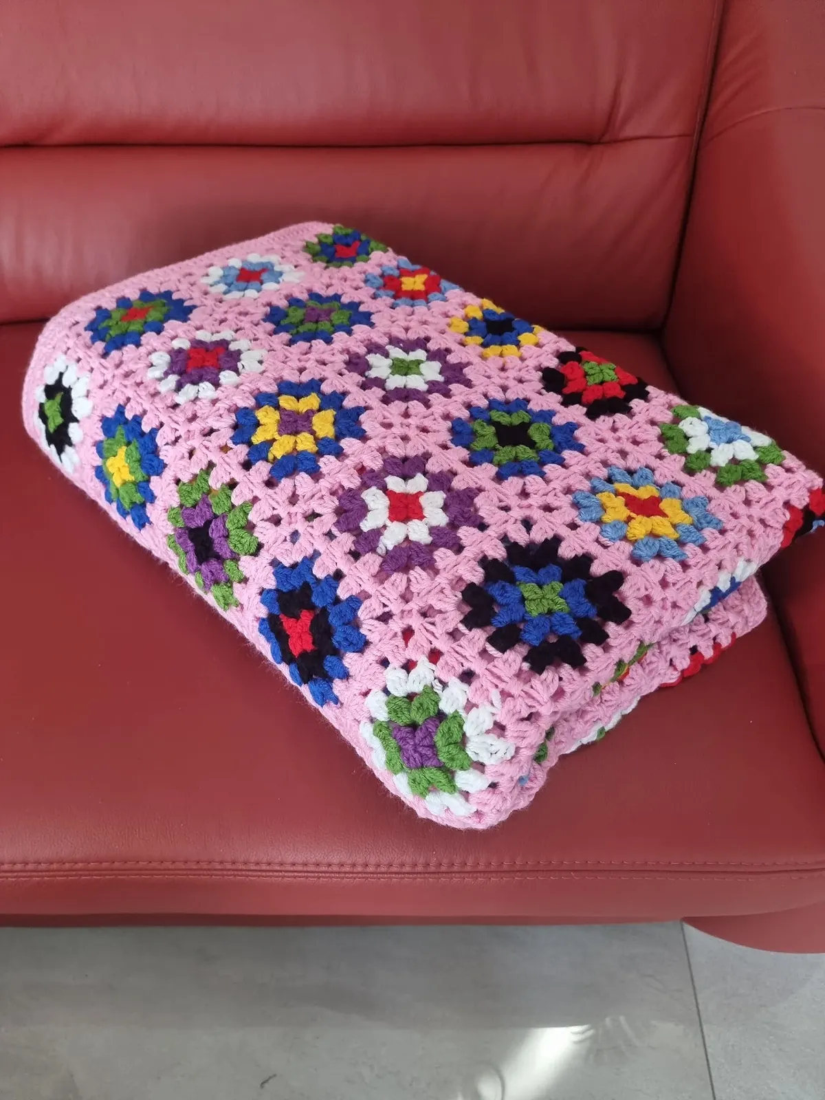 Плед в стилі печворк Рожевий 120 x 200 см, XXL, Вязаний гачком, Квадрат бабусі, Ручна робота, Вінтажний вигляд, фото №2