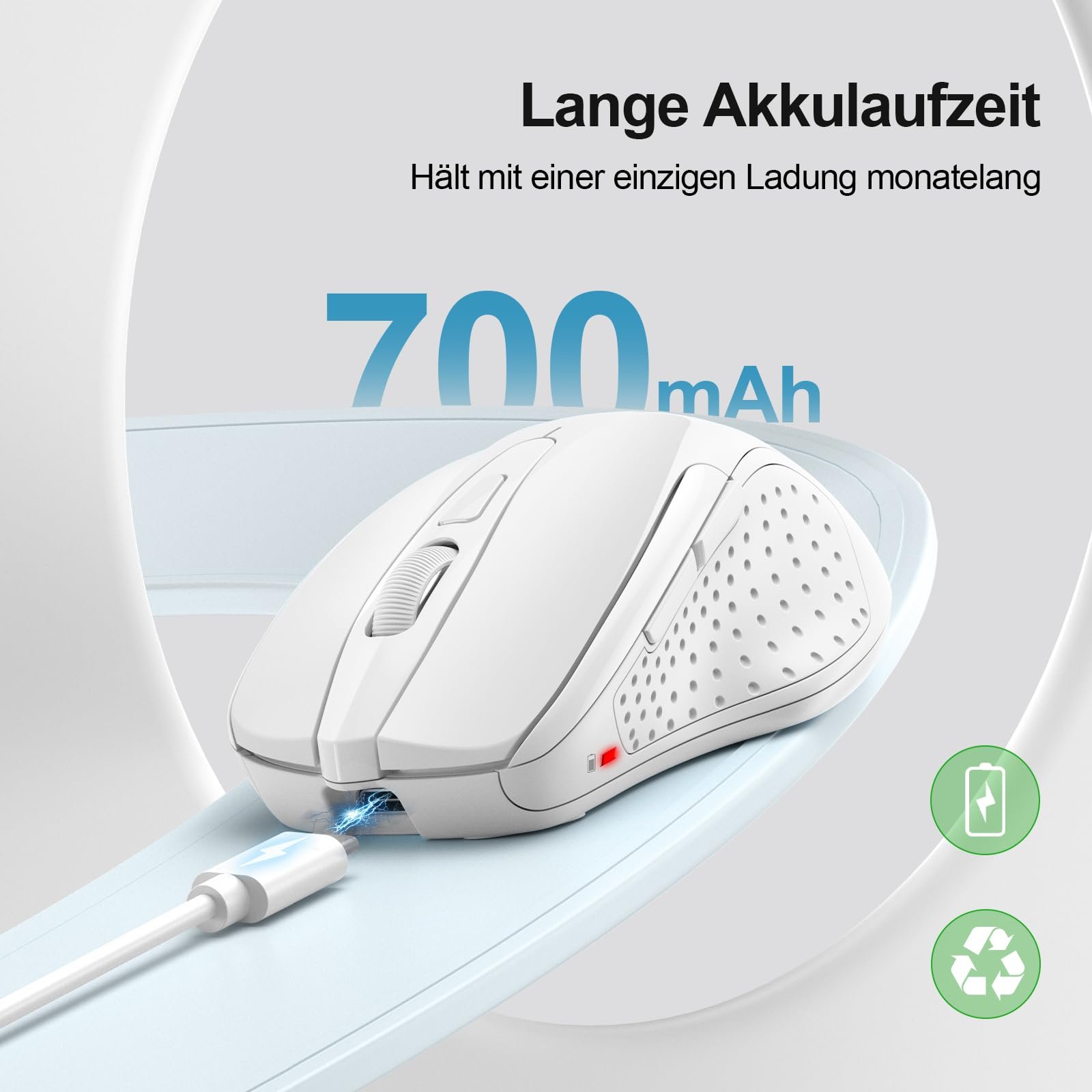 Мышь Bluetooth TECKNET Беспроводная Перезаряжаемая 4800 DPI Эргономичная Тихая Белая, фото №2