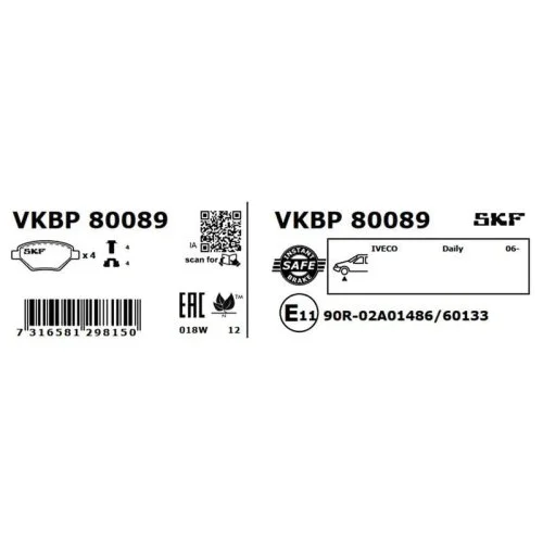 Комплект гальмівних колодок, дискове гальмо SKF VKBP 80089 для IVECO передня вісь, фото №2