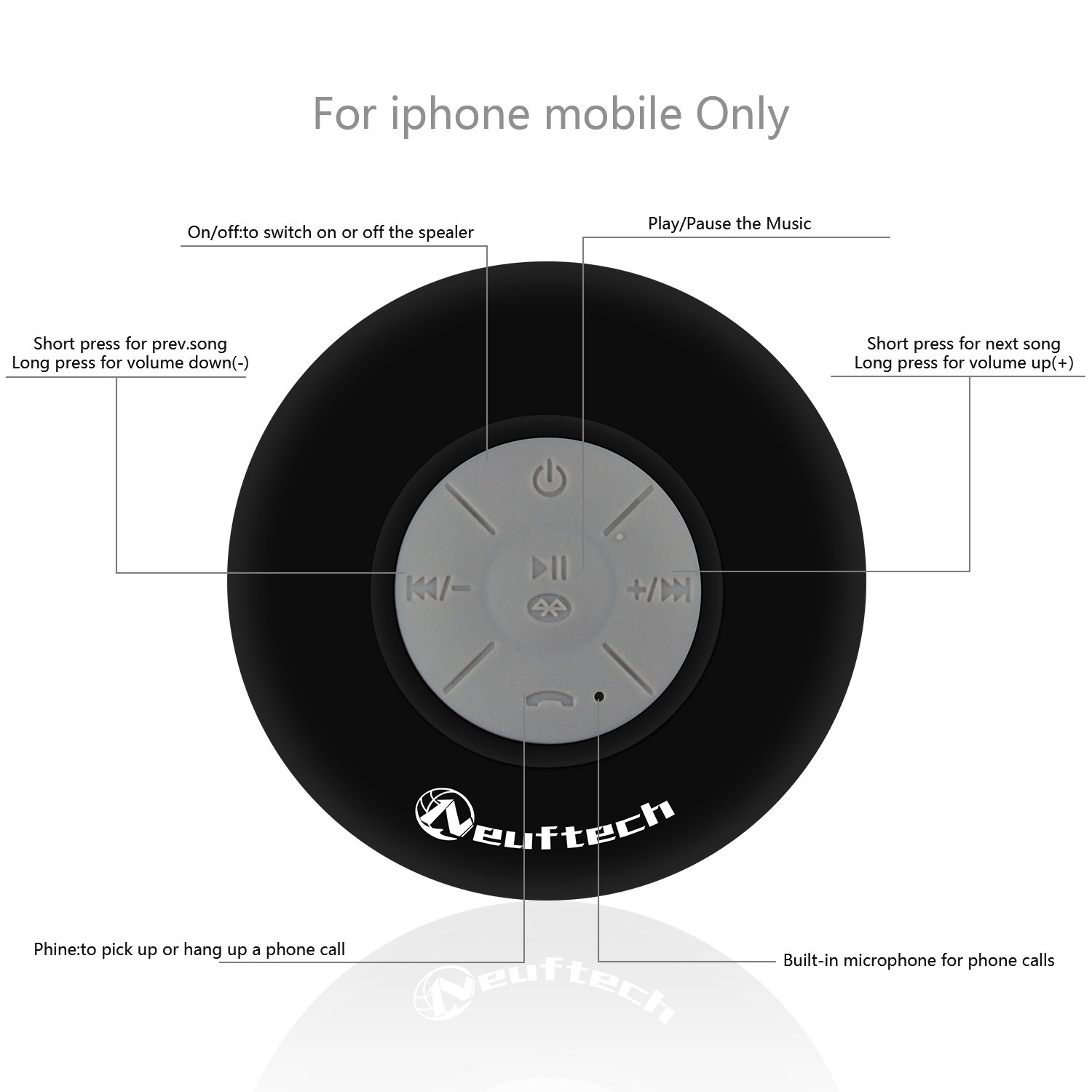 Портативна колонка Neuftech Wireless Bluetooth 5.2 з присоскою Водонепроникний iPhone 14 Plus/Pro/Pro Max/SE/13/12/11/XR Samsung Galaxy Z Flip5/Galaxy S23, фото №4
