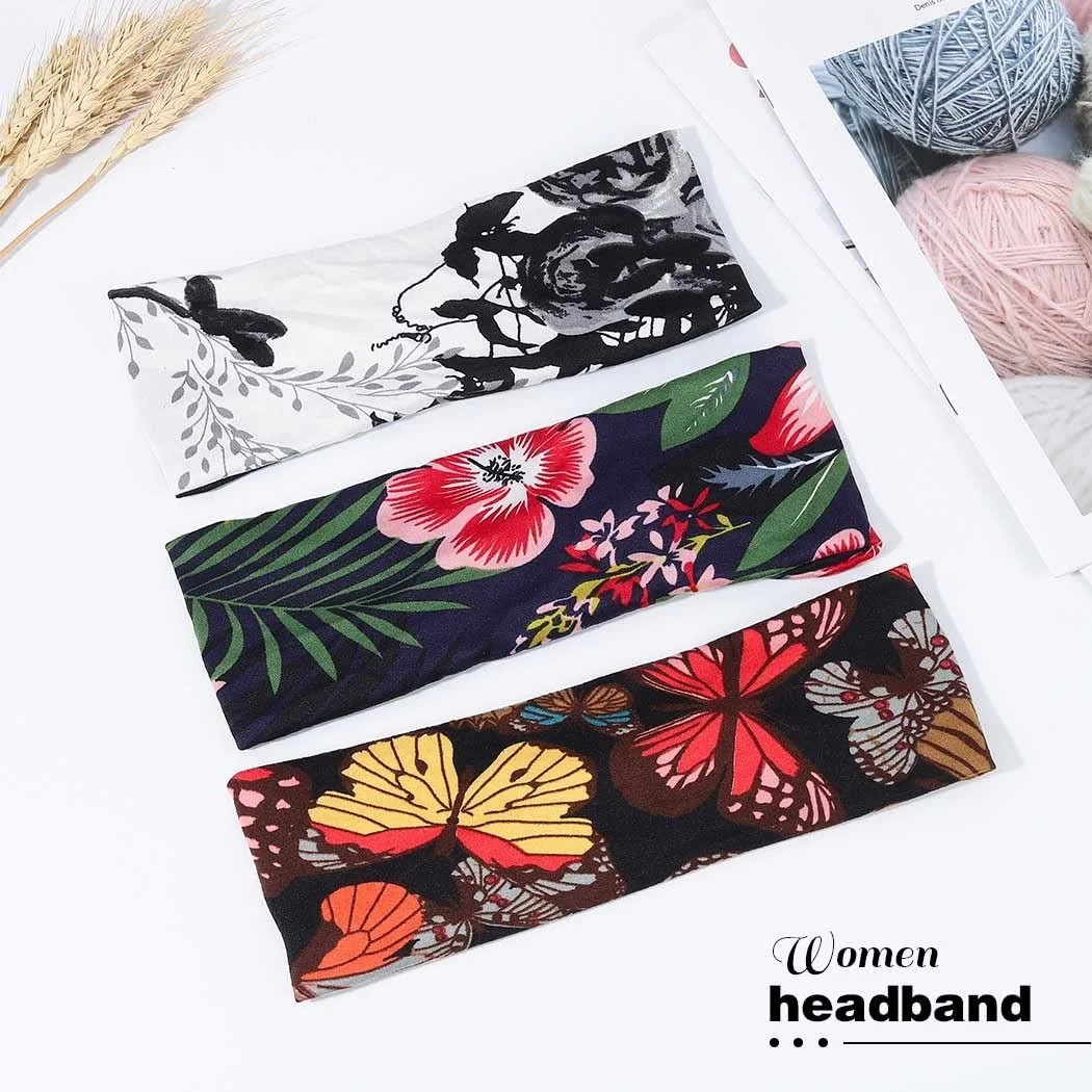 Пов'язка на голову в стилі бохо Чорна Еластична для жінок Широка З квітковим принтом, фото №2