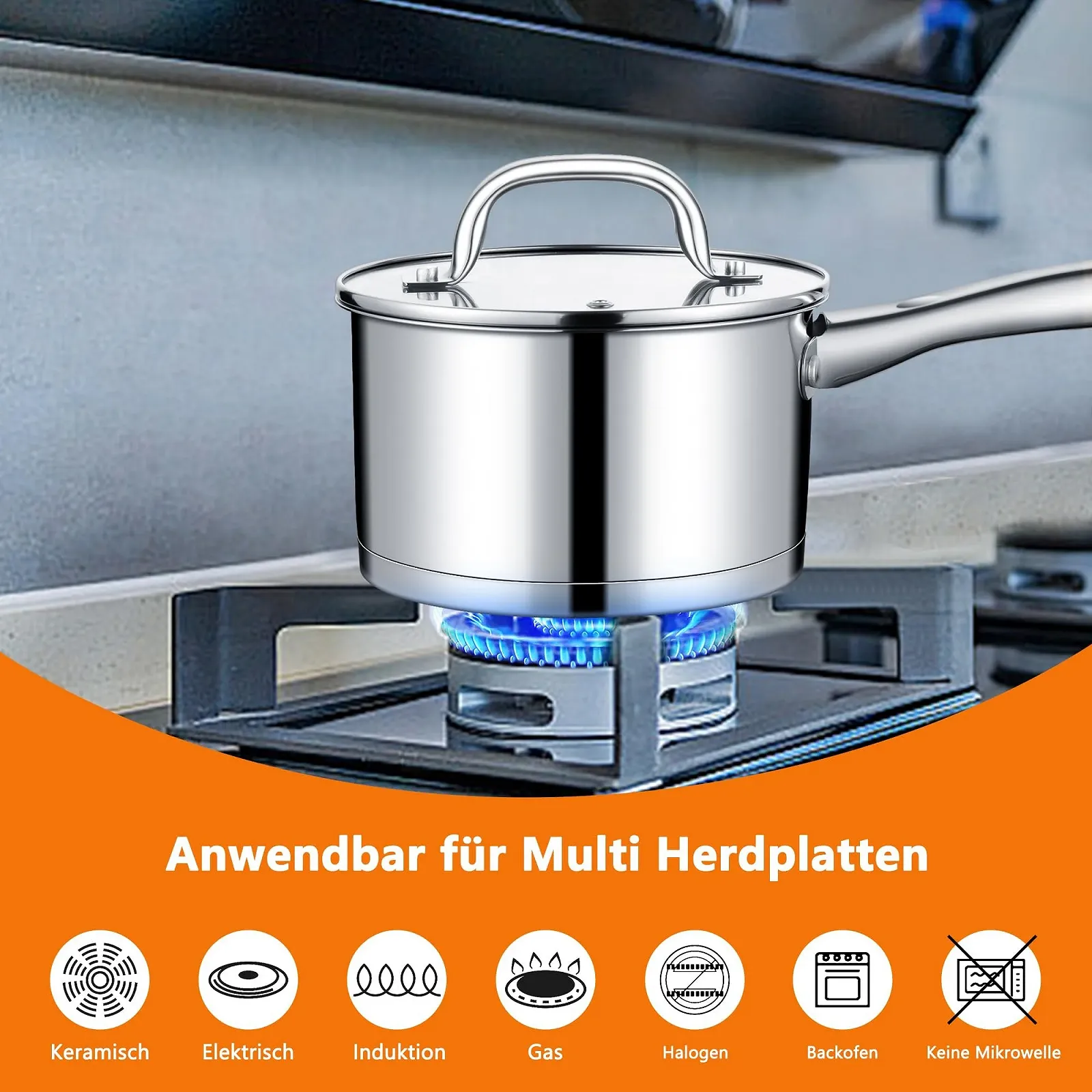 Кастрюля TEAMFAR Малая из нержавеющей стали для молока 14 см Индукционная со стеклянной крышкой 3-слойное дно для всех плит 0.9 л, фото №3