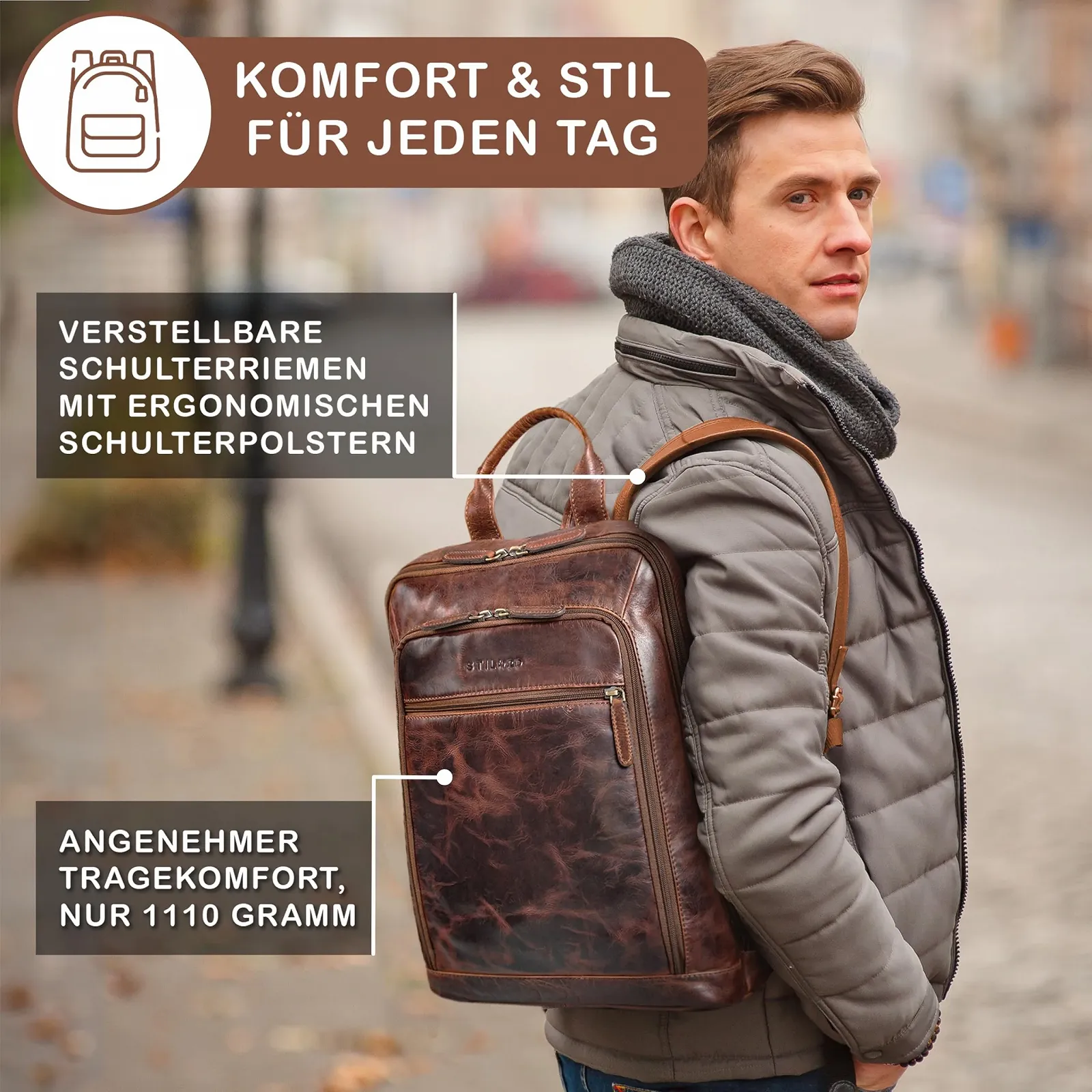 Рюкзак для ноутбука STILORD Watson 15.6 дюйма кожаный бизнес XL DIN A4 винтаж Florida - Brown, фото №3