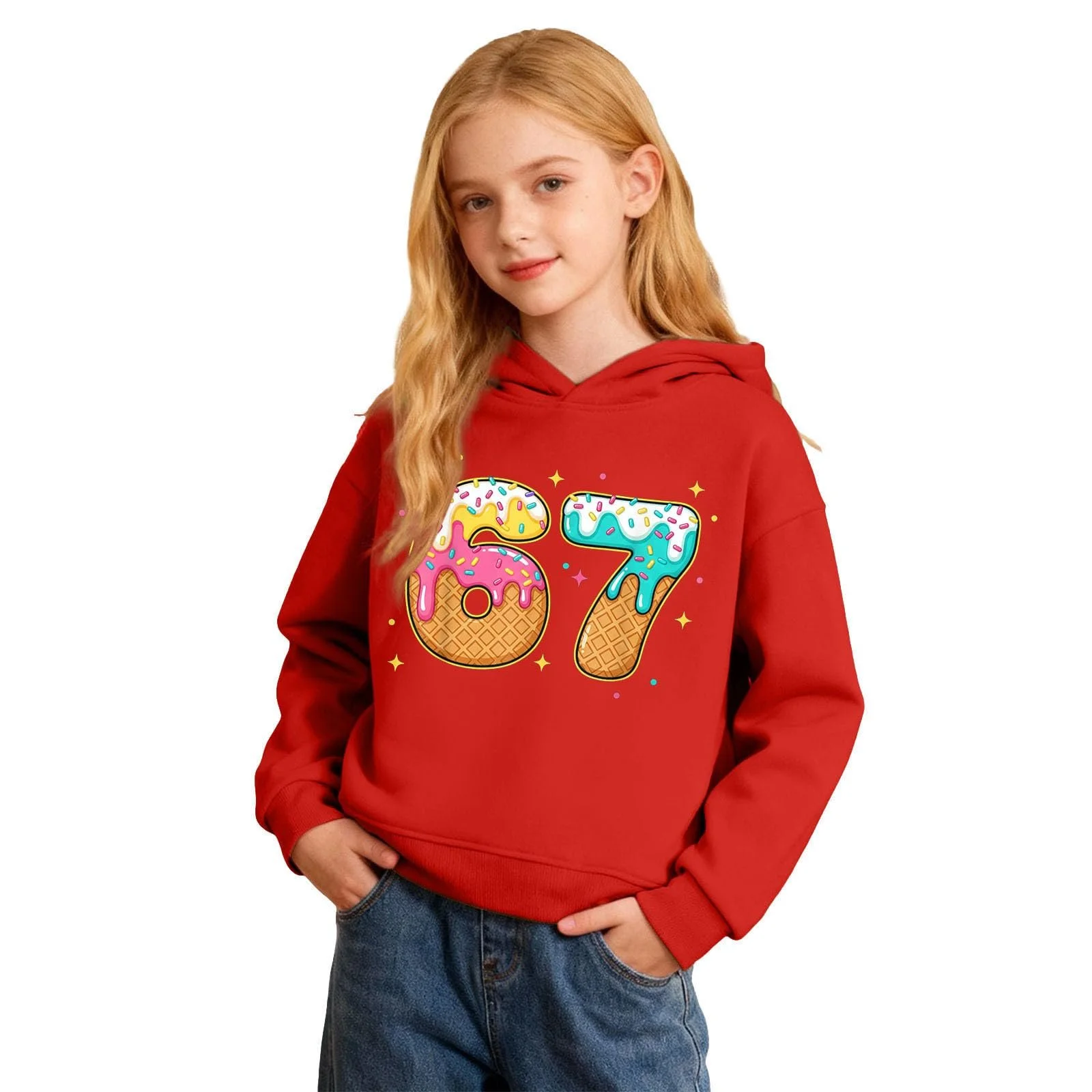 Детский Пуловер Худи 67 Номер С длинными Рукавами Зимний Ретро 6 7 Meme С Принтом Теплый Фестивальный Свитшот Уличная Одежда для Девочек, фото №1