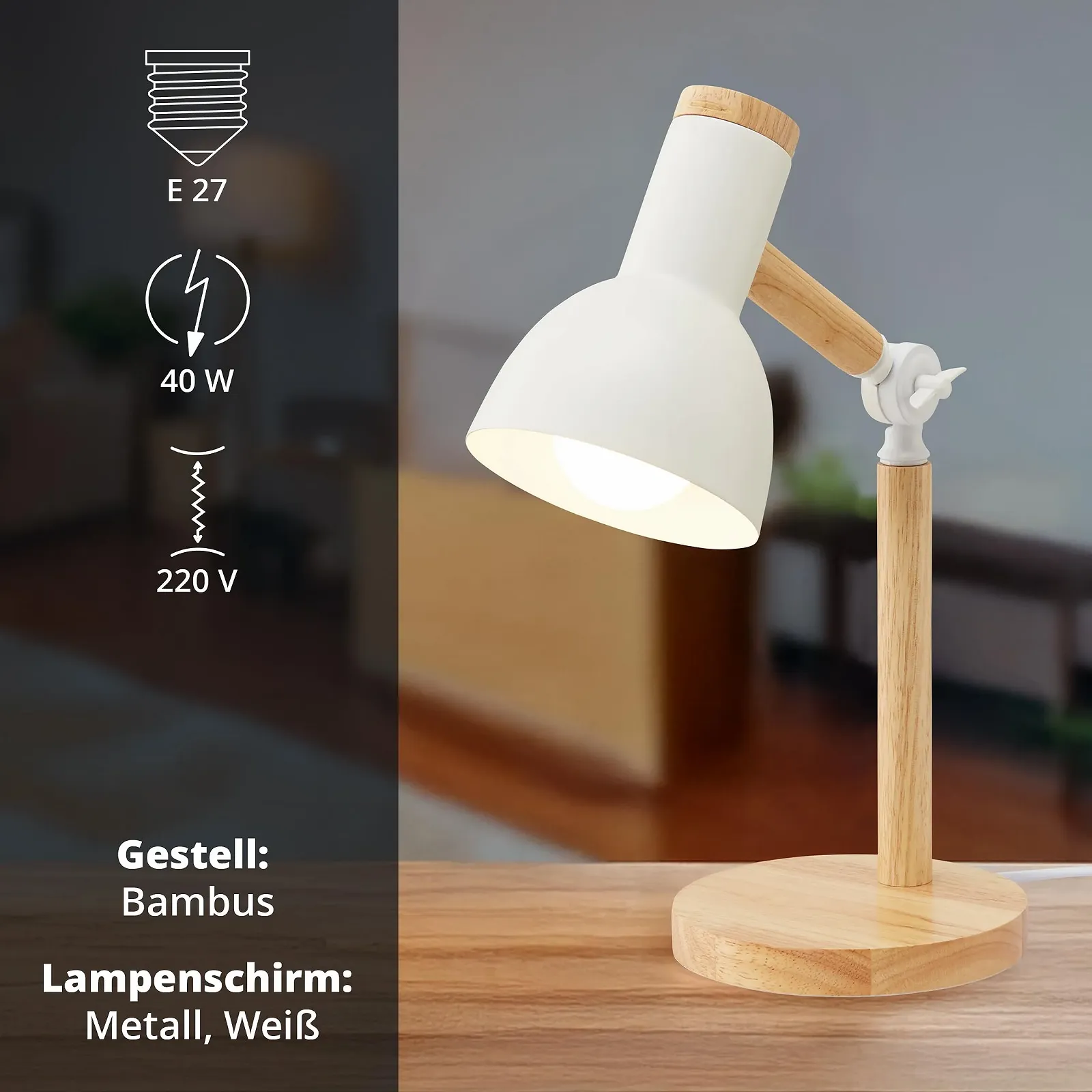 Настільна лампа KHG Бамбук Метал E27 42 см Біла, фото №4