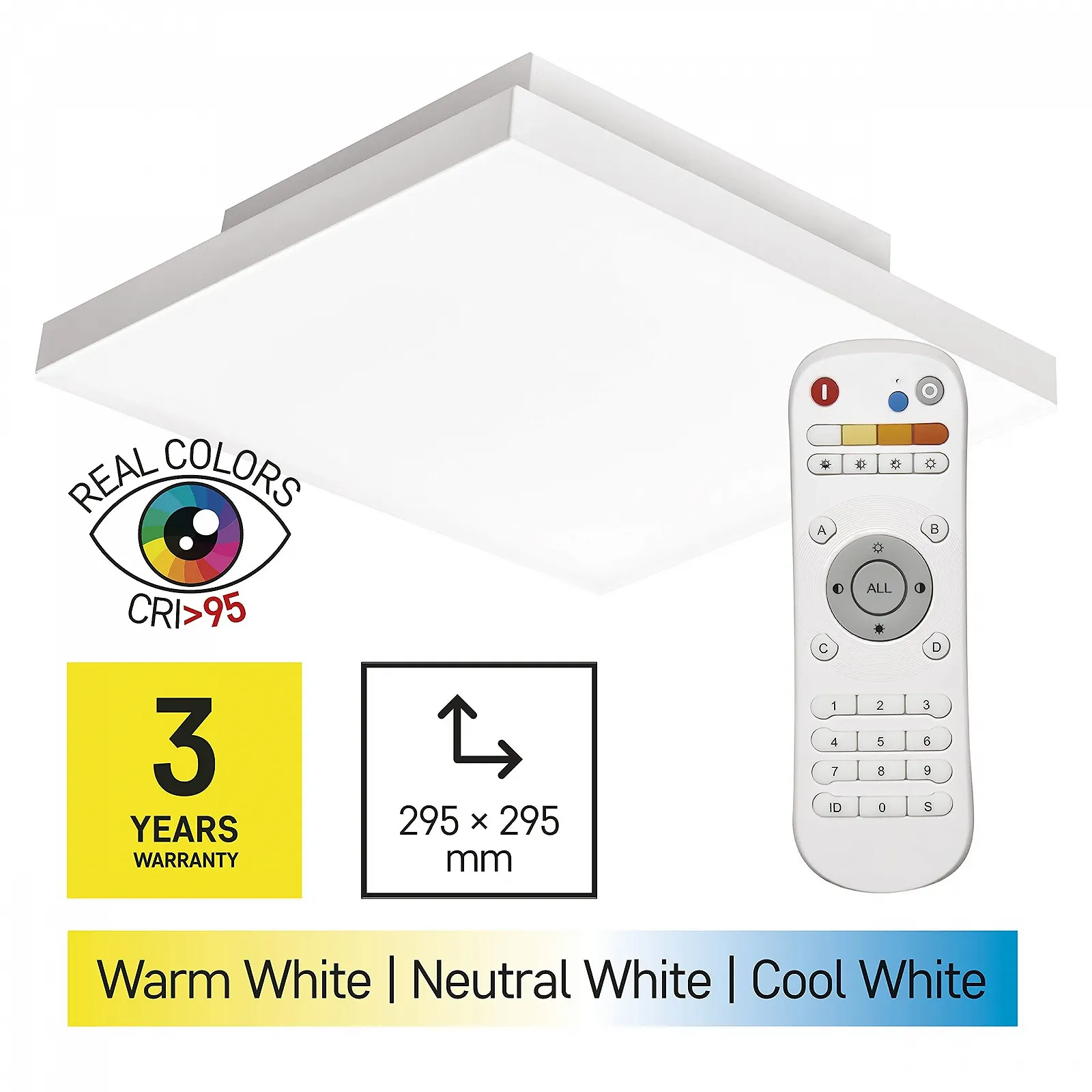 Світильник стельовий EMOS LED 18 Вт регульований з пультом дистанційного керування, безрамковий, CRI 95, регульована яскравість 125-1250 лм і колір світла 2700-6000 K, фото №2