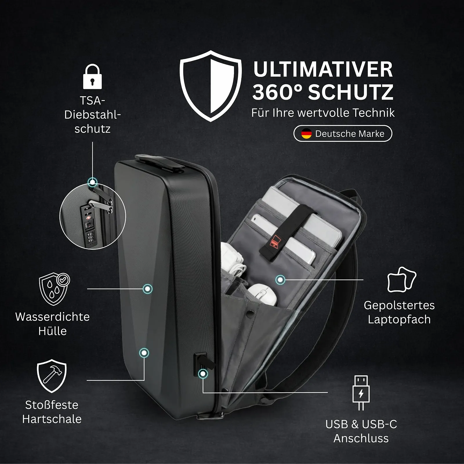 Рюкзак для ноутбука NOVARO Hard Shell 15.6 дюймов жесткий корпус водонепроницаемый 24л USB TSA, фото №2