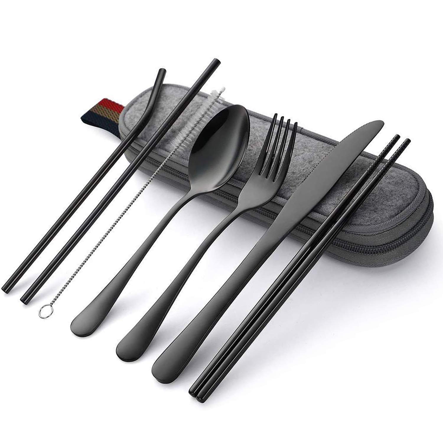 Набор столовых приборов WELLXUNK 8 шт. Набор портативных приборов из нержавеющей стали с футляром чёрный, фото №1