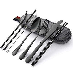Набір столових приборів WELLXUNK 8 шт. Набір портативних приладів із нержавіючої сталі з чохлом чорний - Фото 1