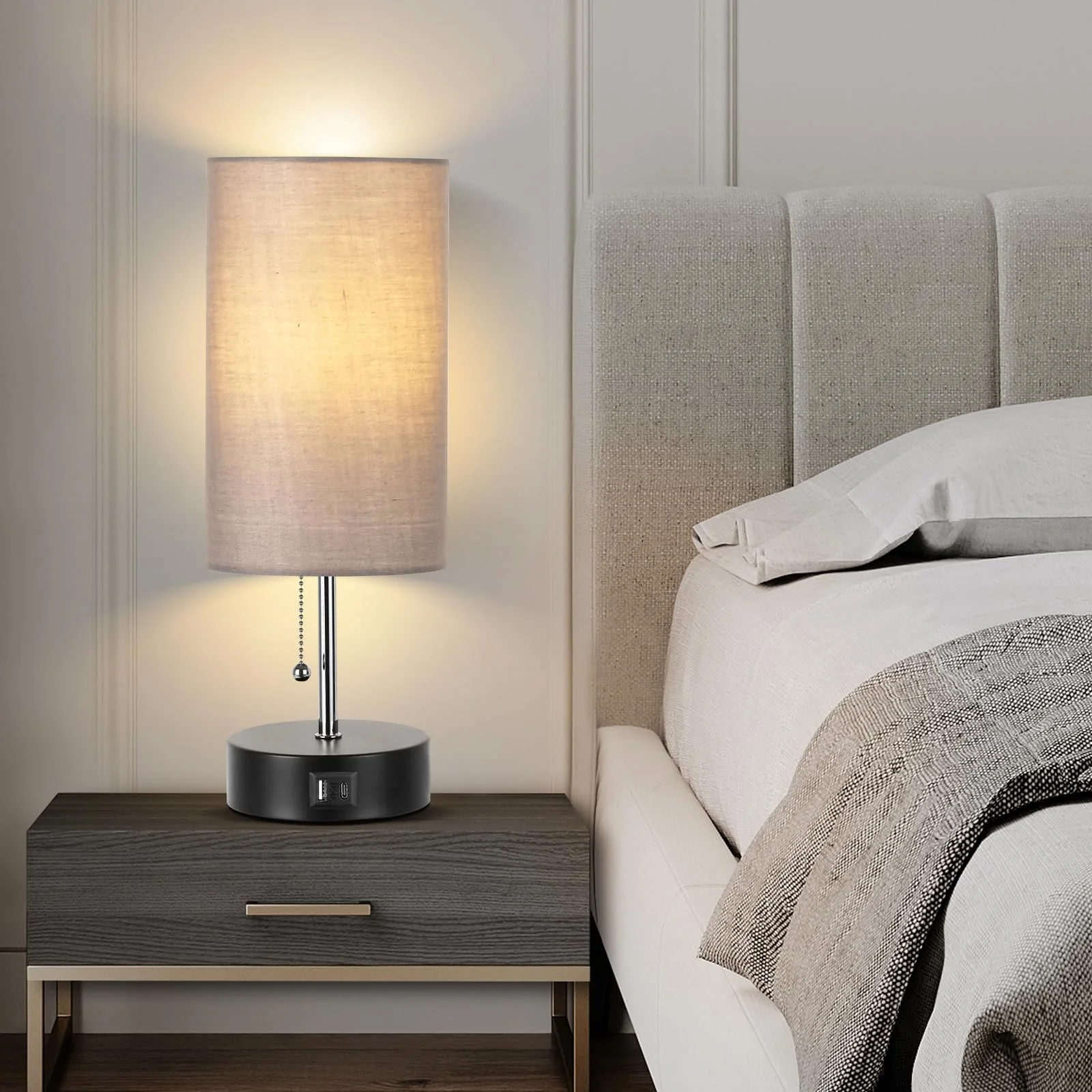 Приліжкова лампа ROTTOGOON 3 колірні температури порти USB A та C LED лампа в комплекті сіра, фото №6