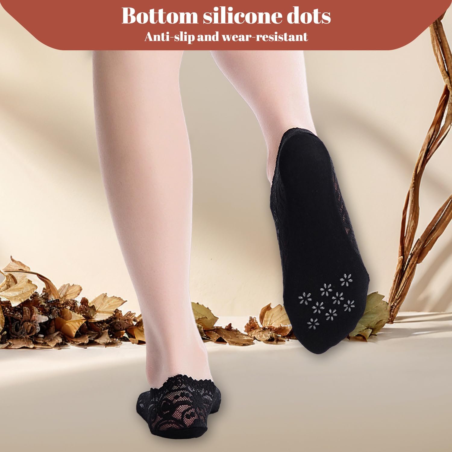 Женские носки-невидимки Кружевные 6 пар - Нескользящие, низкие с силиконовым захватом, черный, фото №4