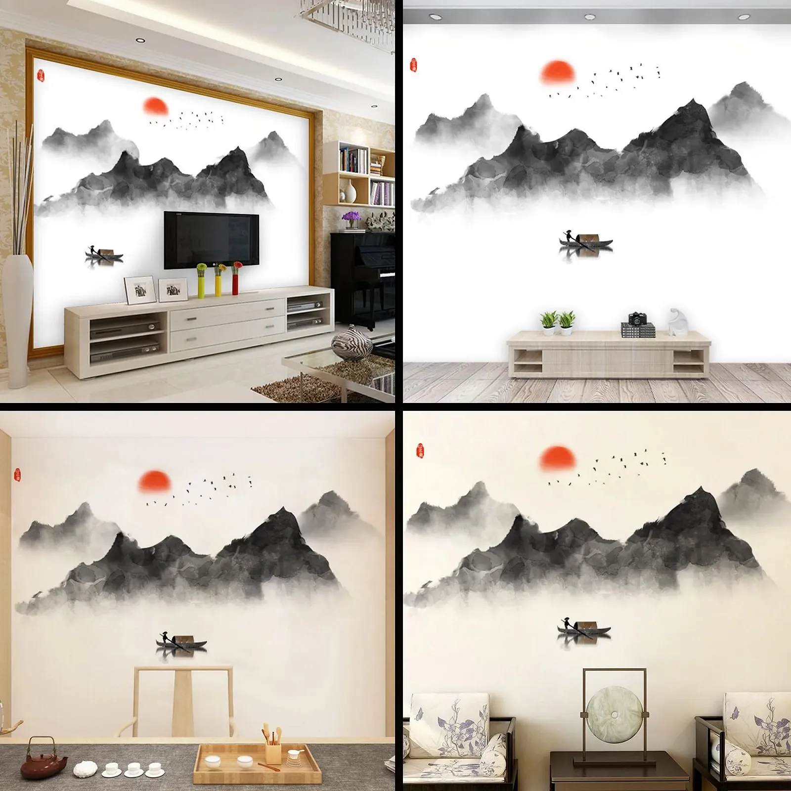 Наклейка на стену duoyif Mountains Silhouette Rivers Birds Moon Fishing Boat 144 x 72 см Черный, фото №7