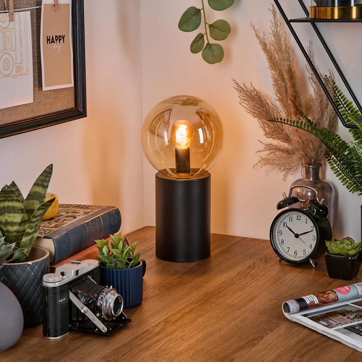 Настільна лампа HOFSTEIN Gastor Метал/Скло E14 15 см Black/Amber, фото №7