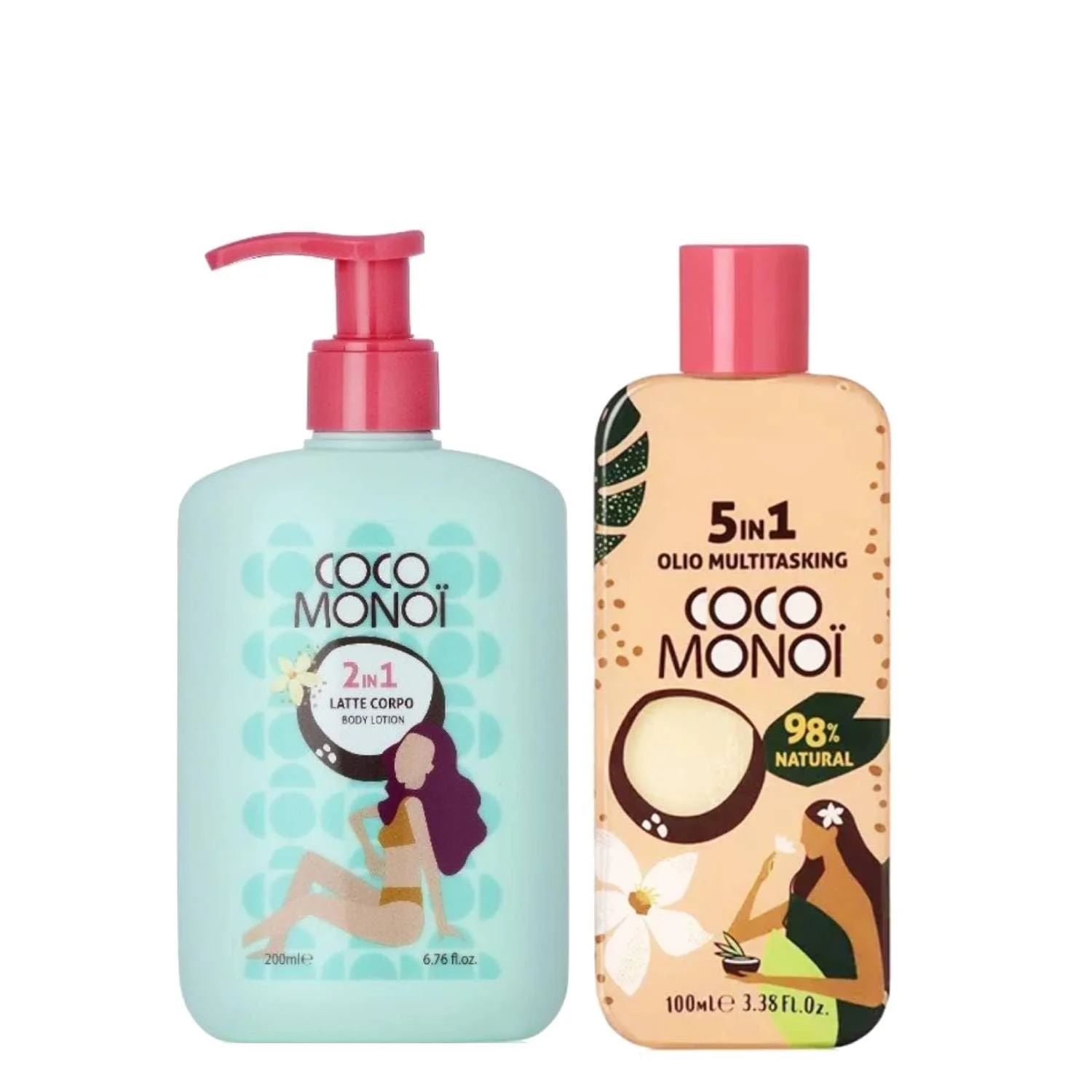 Молочко для тела увлажняющее и осветляющее 2 в 1 - Аромат кокоса и цветка тиаре, Мягкая и сияющая кожа, 200 мл (Молочко для тела + многоцелевое масло), фото №1