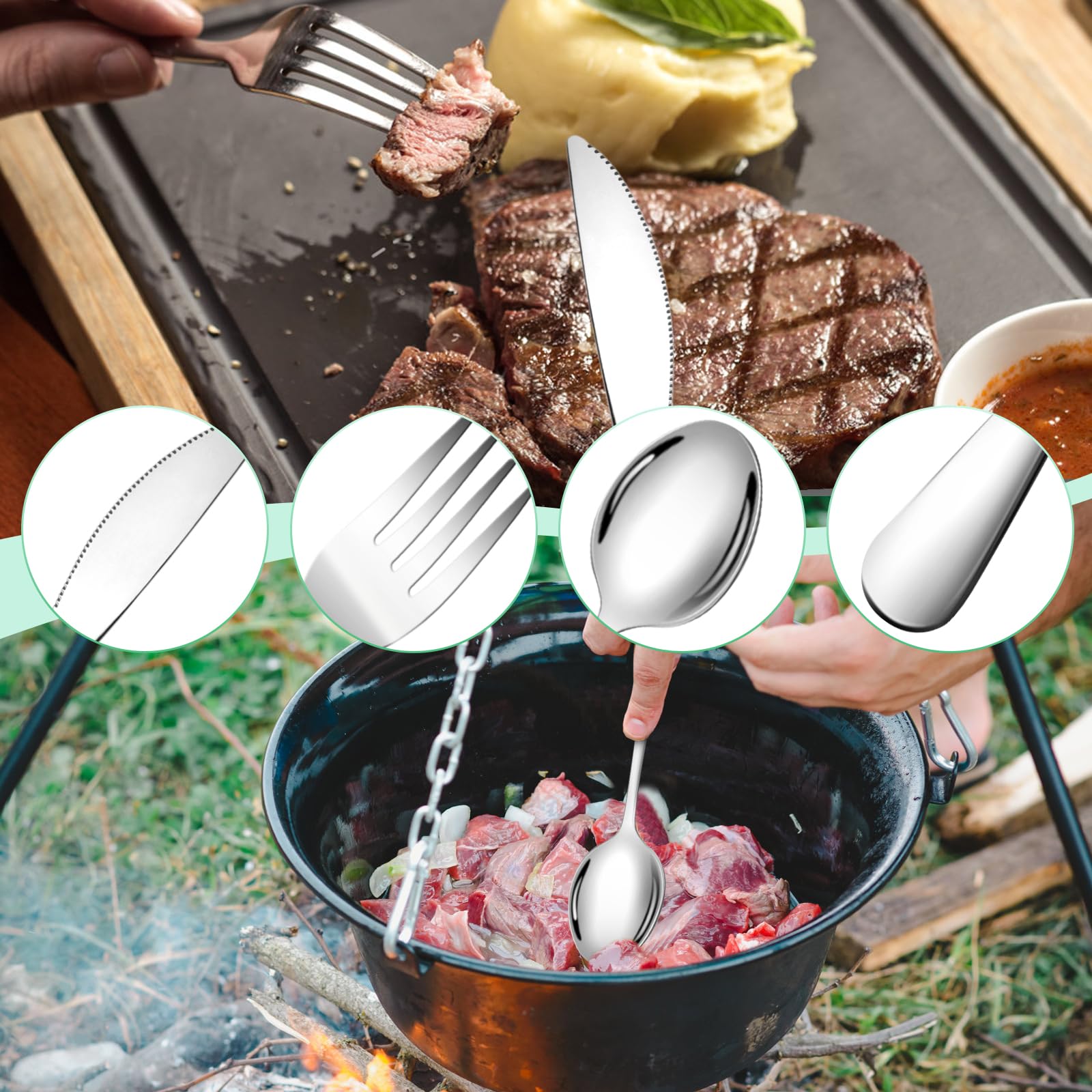 Набір столових приладів NVIYAM Camping Cutlery Set 3 шт нержавіюча сталь зелений, фото №5