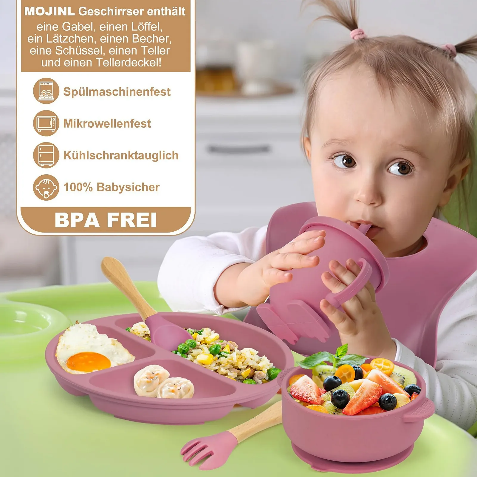 Набір дитячого посуду MOJINL з силікону, нековзний з присоскою, 7 предметів, без BPA з ложкою, виделкою, мискою, слинявчиком, дитячою чашкою, чашкою для пиття та тарілкою, фото №7 Набір дитячого посуду MOJINL з силікону, нековзний з присоскою, 7 предметів, без BPA з ложкою, виделкою, мискою, слинявчиком, дитячою чашкою, чашкою для пиття та тарілкою, фото №7