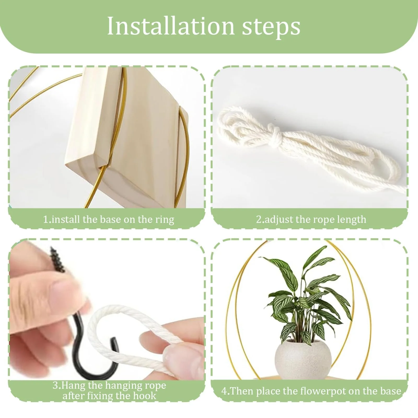 Підвісний кошик для рослин Металевий з дерев’яною основою та регульованою мотузкою Золотистий, фото №5 Підвісний кошик для рослин Металевий з дерев’яною основою та регульованою мотузкою Золотистий, фото №5