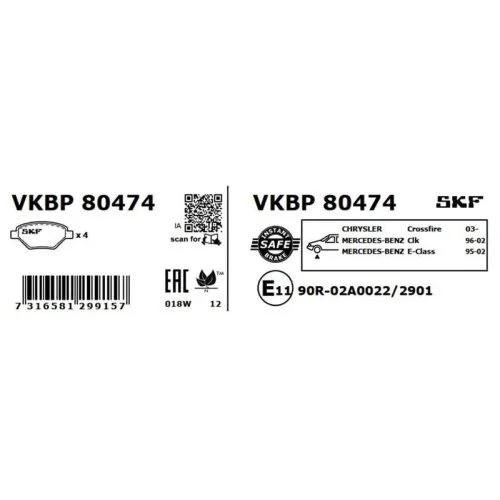 Комплект тормозных колодок, дисковый тормоз SKF VKBP 80474 для CHRYSLER MERCEDES-BENZ, фото №2