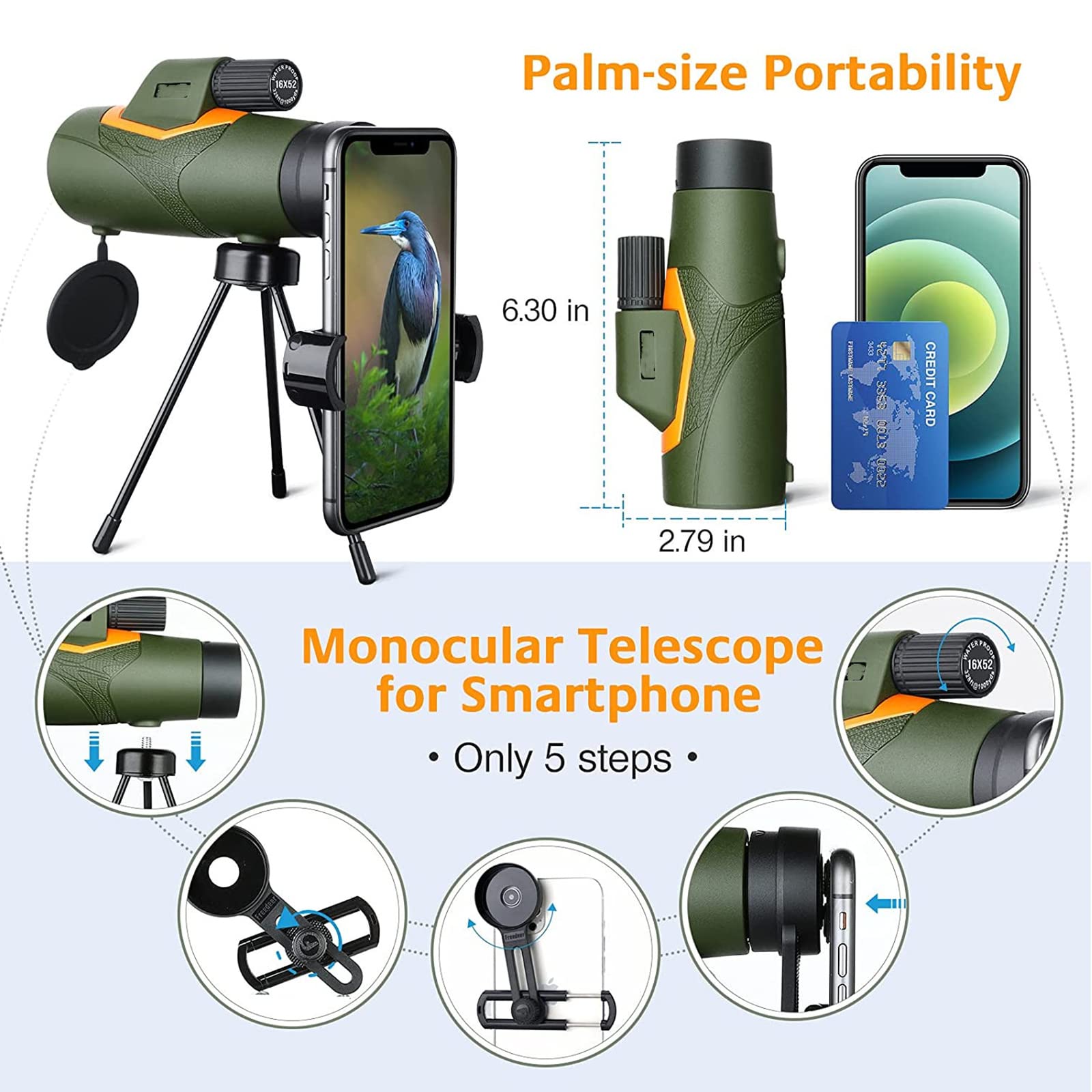 Монокуляр 12X42 с адаптером для смартфона и штативом, высокопроизводительный, телескоп для наблюдения за птицами, охота, походы, концерты, фото №7