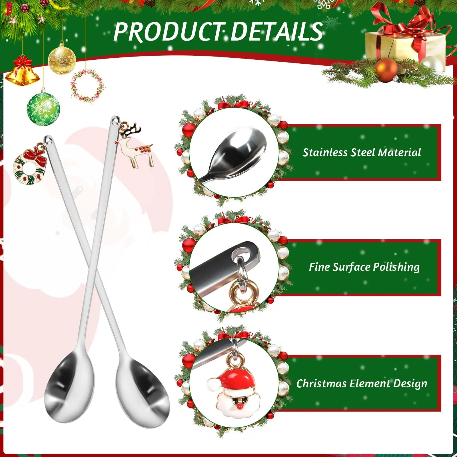 Набор рождественских ложек 6 шт, Рождественские столовые приборы Кофейные ложки, Рождественский набор столовой посуды, Рождественская ложка из нержавеющей стали для украшения рождественского стола, фото №3