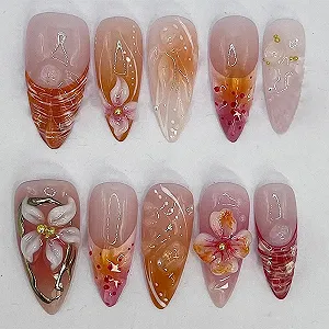 Накладные ногти GlamRays 3D Orange Flowers 30 шт. Medium Almond French Tip Gold Crystal Design - Фото 1