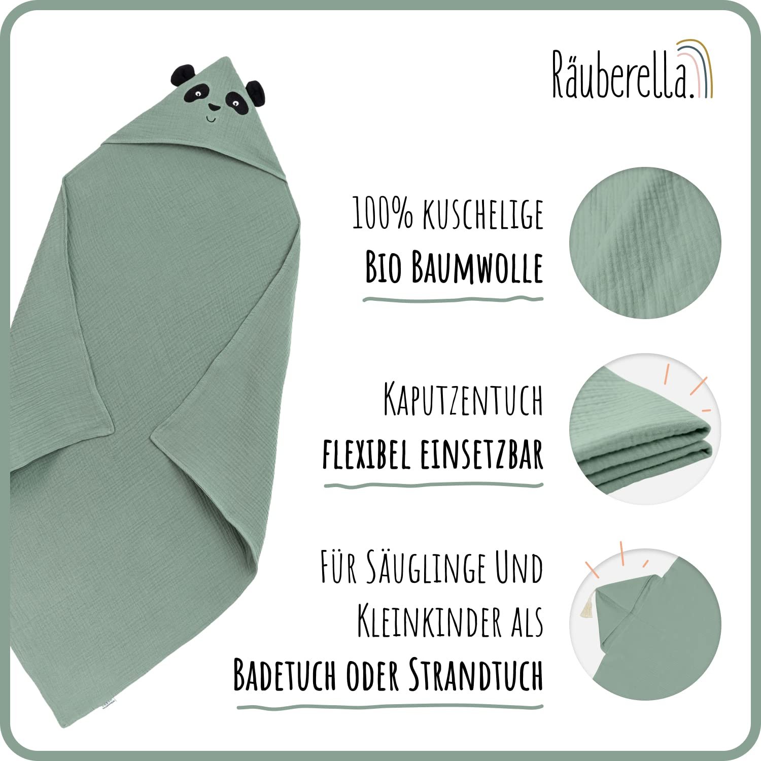 Рушник з капюшоном Räuberella Panda дитячий м'ятний 80 x 80 см, мусліновий рушник для ванни дитячий зі 100% органічної бавовни, абсорбуючий дитячий рушник з капюшоном, рушник для ванни, включаючи подарункову упаковку, фото №2