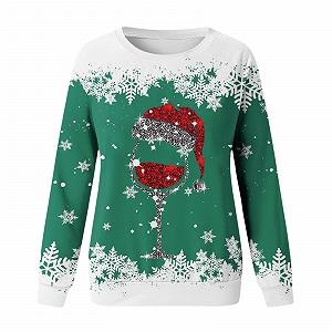 Рождественский свитер GFPGNDFHG Женский Принт Блестящий винный бокал Рождественские олени Рождественская футболка synthetic.ua - Фото 1