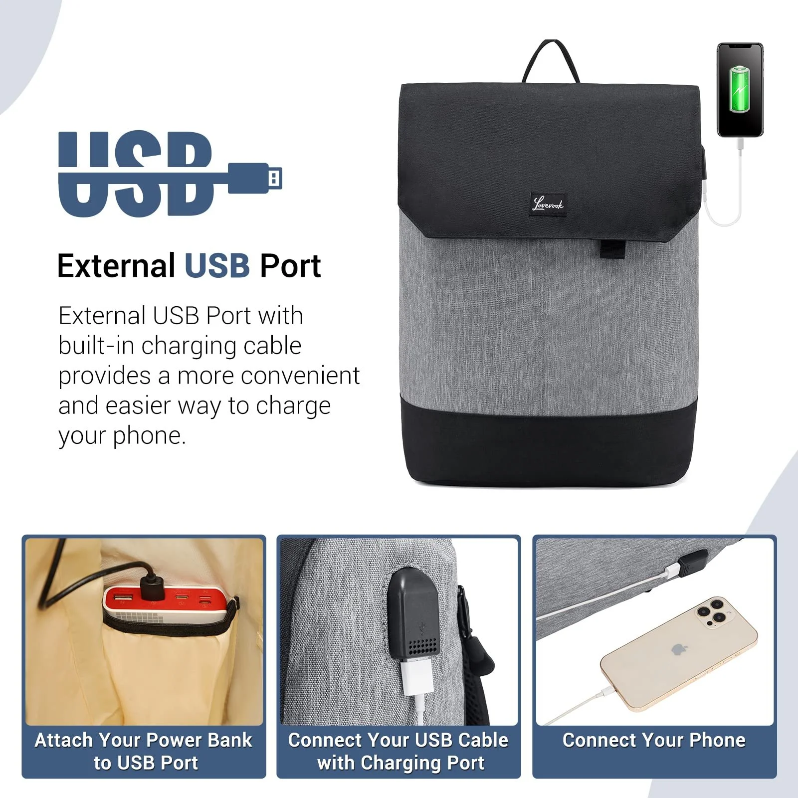 Рюкзак для ноутбука LOVEVOOK 15,6 дюйма Waterproof Anti-Theft Сірий/Чорний, фото №4 Рюкзак для ноутбука LOVEVOOK 15,6 дюйма Waterproof Anti-Theft Сірий/Чорний, фото №4