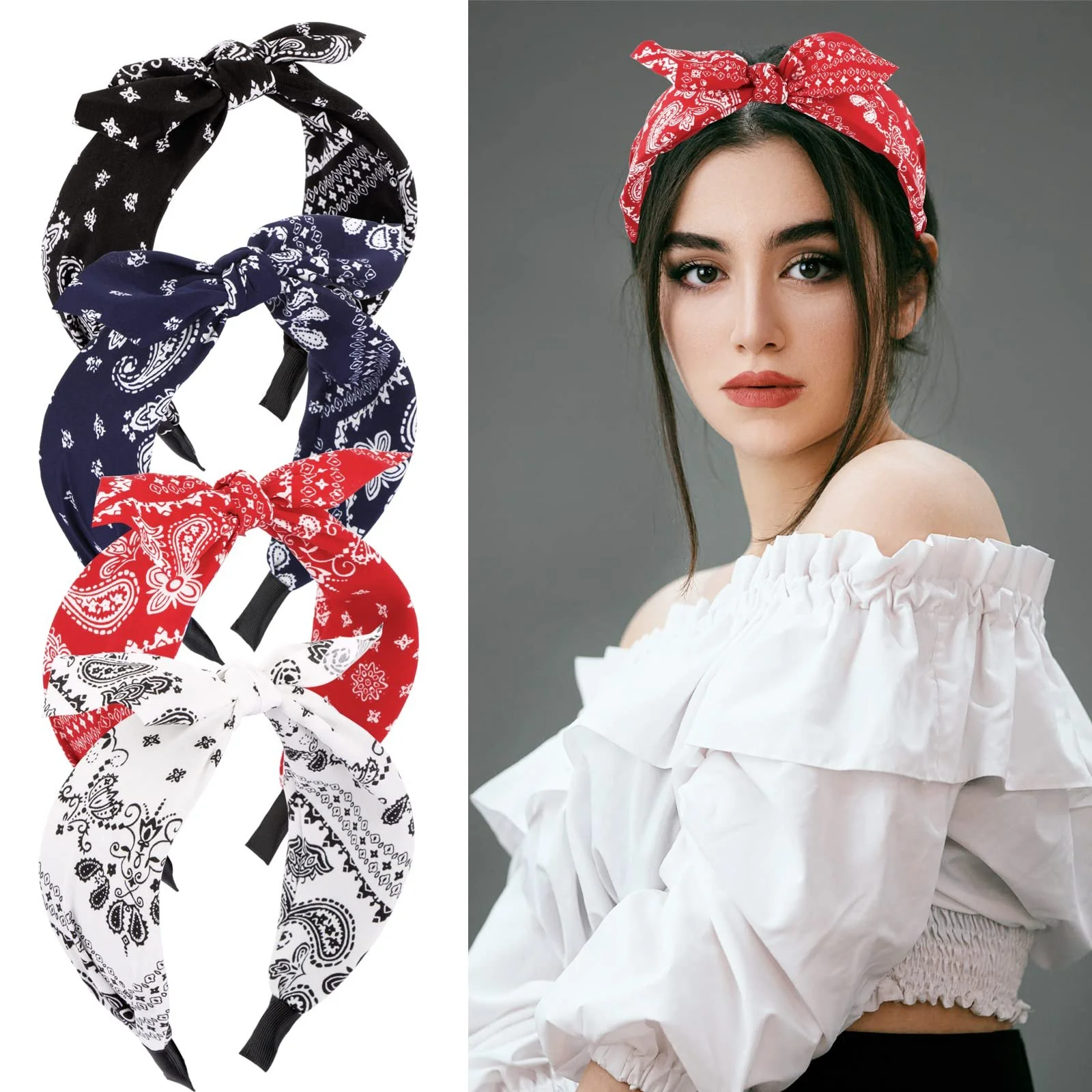Обруч на голову BETESSIN Paisley с бантом для женщин, набор 4 шт., красный, черный, белый, темно-синий, фото №1