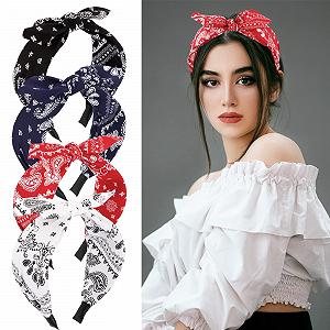 Обруч на голову BETESSIN Paisley с бантом для женщин, набор 4 шт., красный, черный, белый, темно-синий - Фото 1