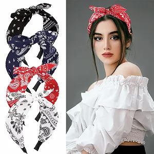 Обруч на голову BETESSIN Paisley с бантом для женщин, набор 4 шт., красный, черный, белый, темно-синий - Фото 1