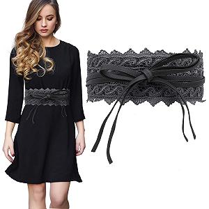 Женский пояс на талию Trimming Shop Obi, кружевной, с бантом, из PU кожи, серый - Фото 1