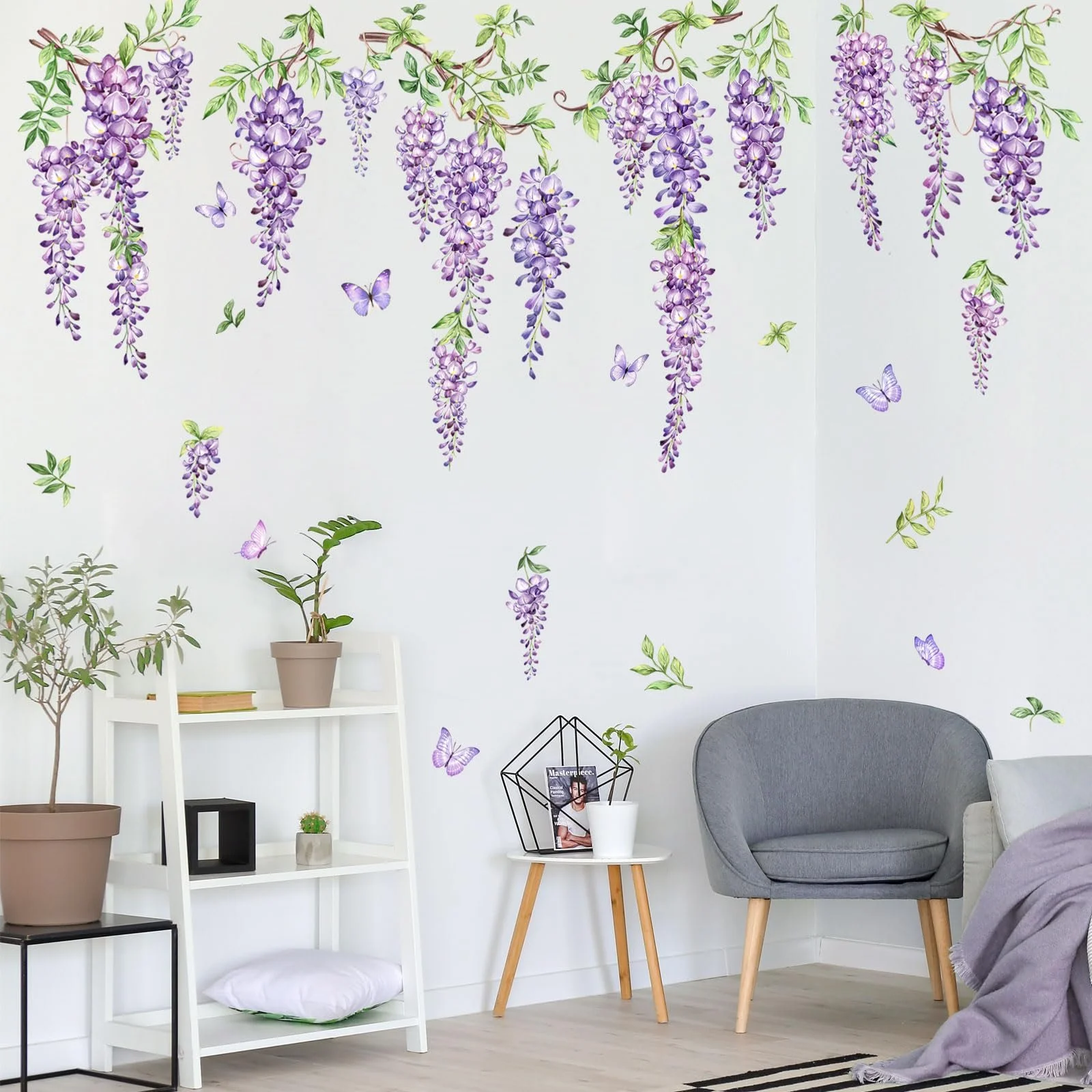 Наклейка на стіну Supzone Flowers Квіти гліцинії що звисають фіолетова для спальні та вітальні, фото №3