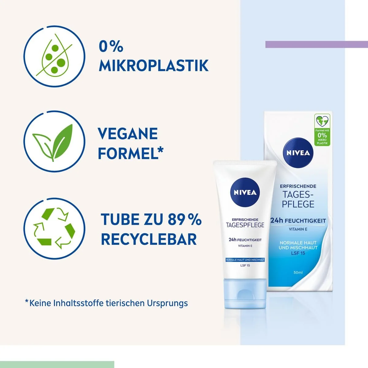 Денний крем NIVEA Erfrischende Tagespflege 24h Feuchtigkeit для нормальної та комбінованої шкіри з вітаміном Е SPF 15 50 мл, фото №2