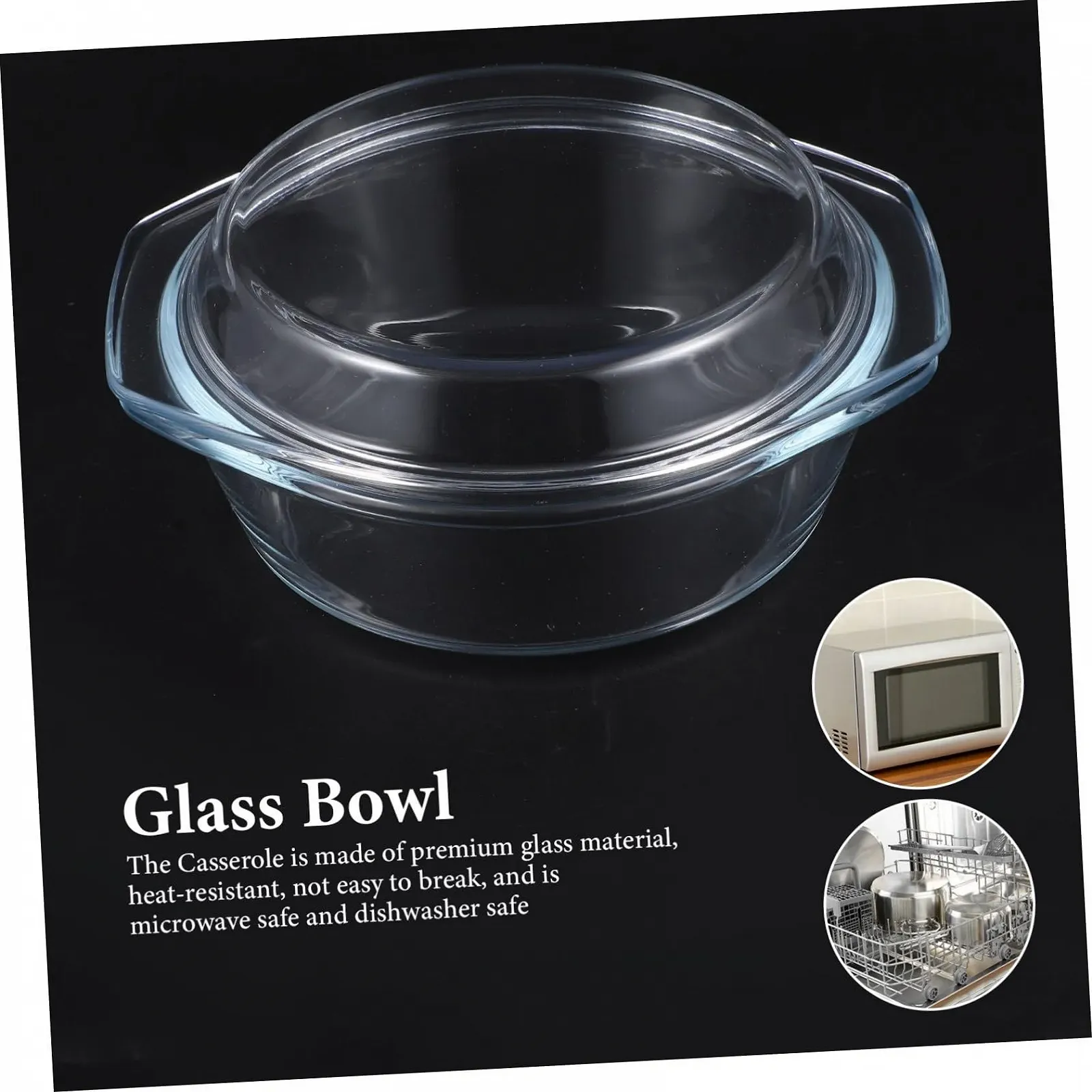 Форма для запекания VILLCASE круглая стеклянная термостойкая с крышкой и ручками для микроволновой печи прозрачная, фото №6